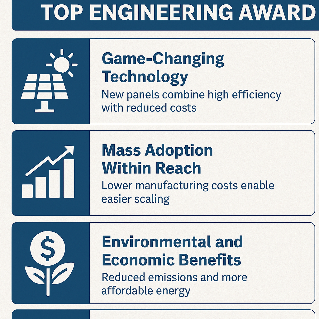 An infographic titled “Top Engineering Award” with three sections highlighting key points about new solar panels: game-changing technology that combines high efficiency with reduced costs, mass adoption potential due to lower manufacturing costs, and environmental and economic benefits like reduced emissions and affordable energy.