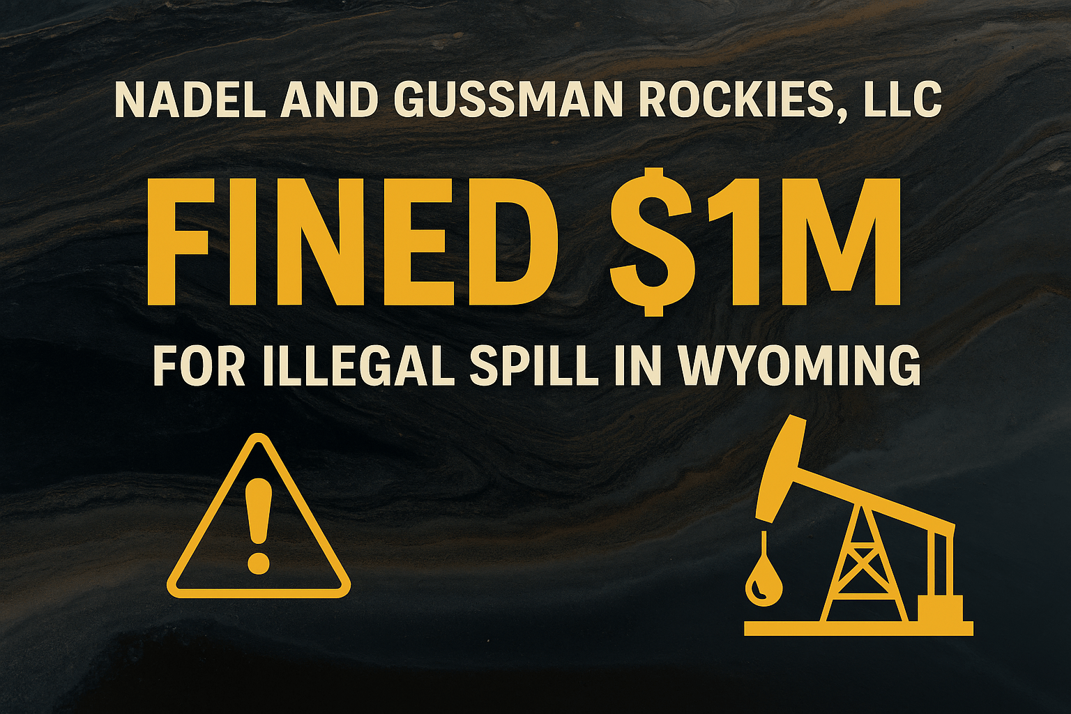 Graphic showing “FINED $1M” over an oil-contaminated water background, with symbols for oil extraction and environmental warning, highlighting the illegal spill by Nadel and Gussman Rockies, LLC in Wyoming.