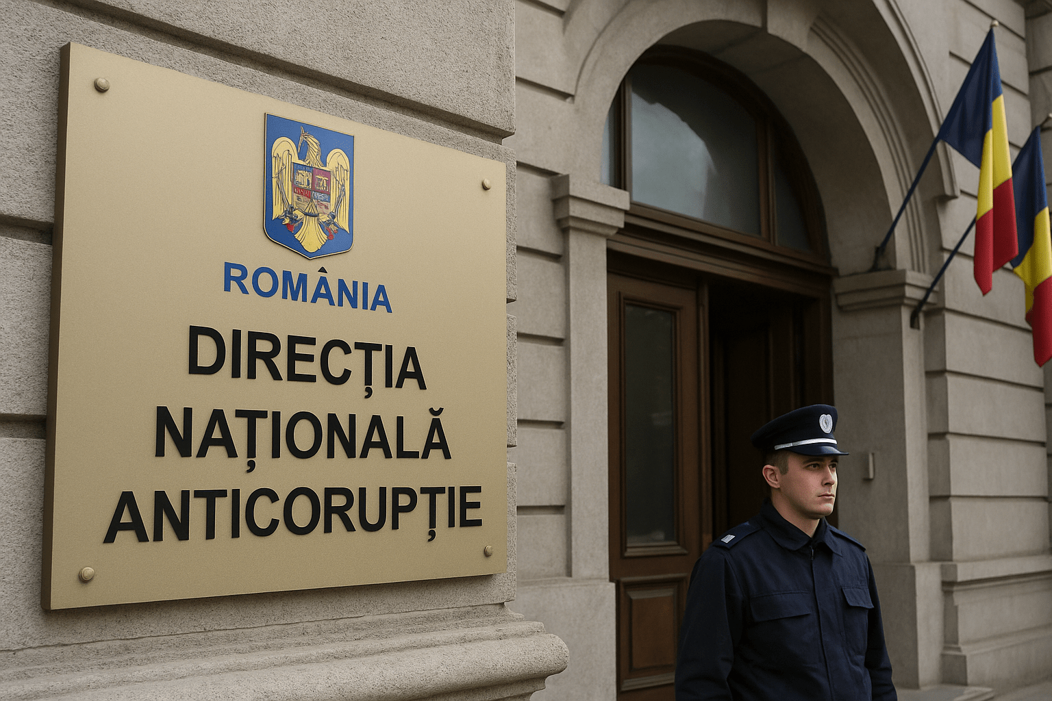 Entrance to Romania’s National Anticorruption Directorate in Bucharest with official signage, Romanian flags, and a uniformed guard at the door.