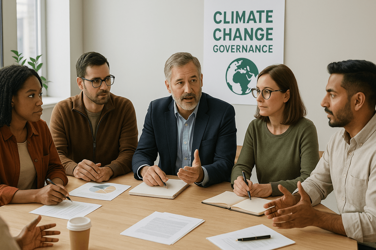 Community leaders and policymakers collaborating on climate change governance strategies.