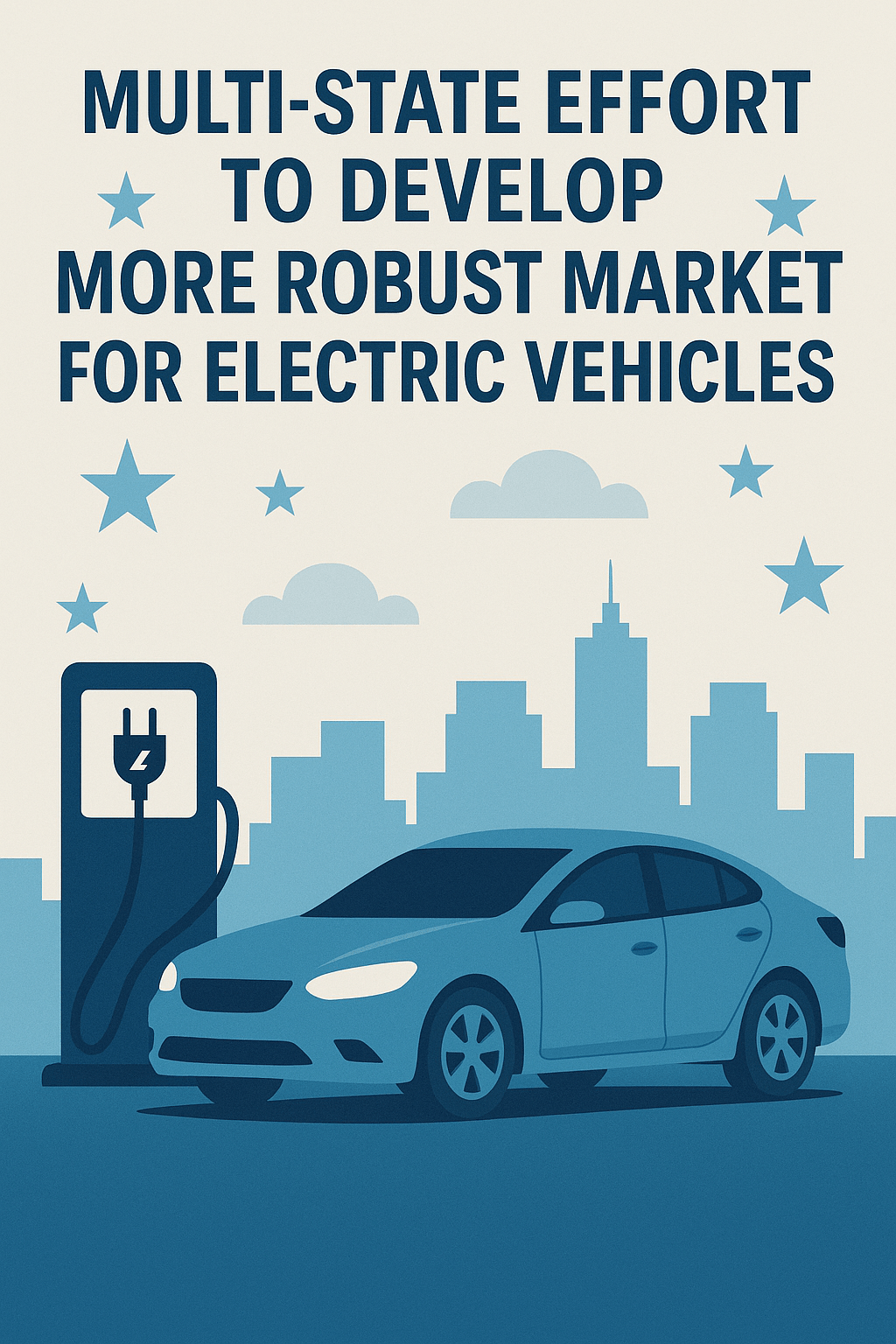 Infographic showing a multi-state effort to grow the electric vehicle market, featuring a plugged-in EV at a charging station with a city skyline and stars in the background.
