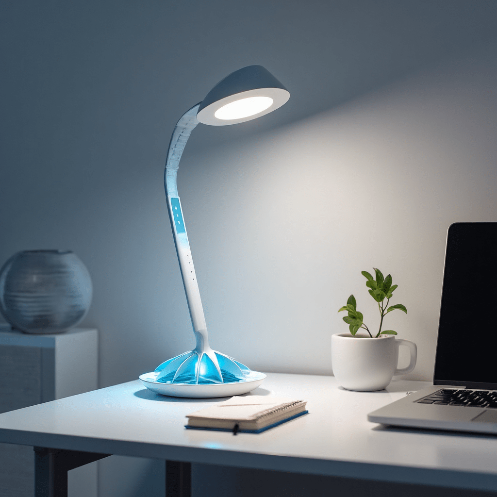 "Elegant ADATA Tulip LED desk lamp with innovative touch-sensitive controls and energy-efficient design providing flicker-free illumination while reducing power consumption by 60% compared to traditional lighting."