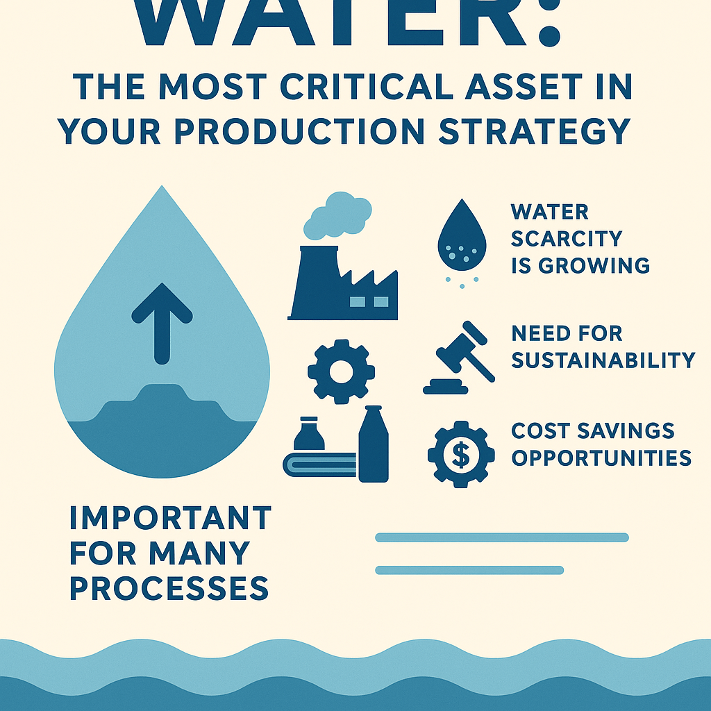Infographic illustrating water as a critical asset in production strategy, featuring icons for sustainability, scarcity, and cost savings.