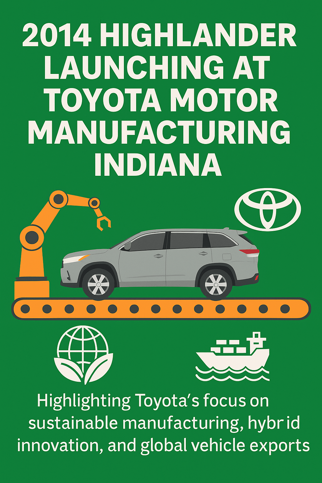 2014 Toyota Highlander on the production line at Toyota Motor Manufacturing Indiana, showcasing the company’s commitment to sustainable manufacturing and global exports.