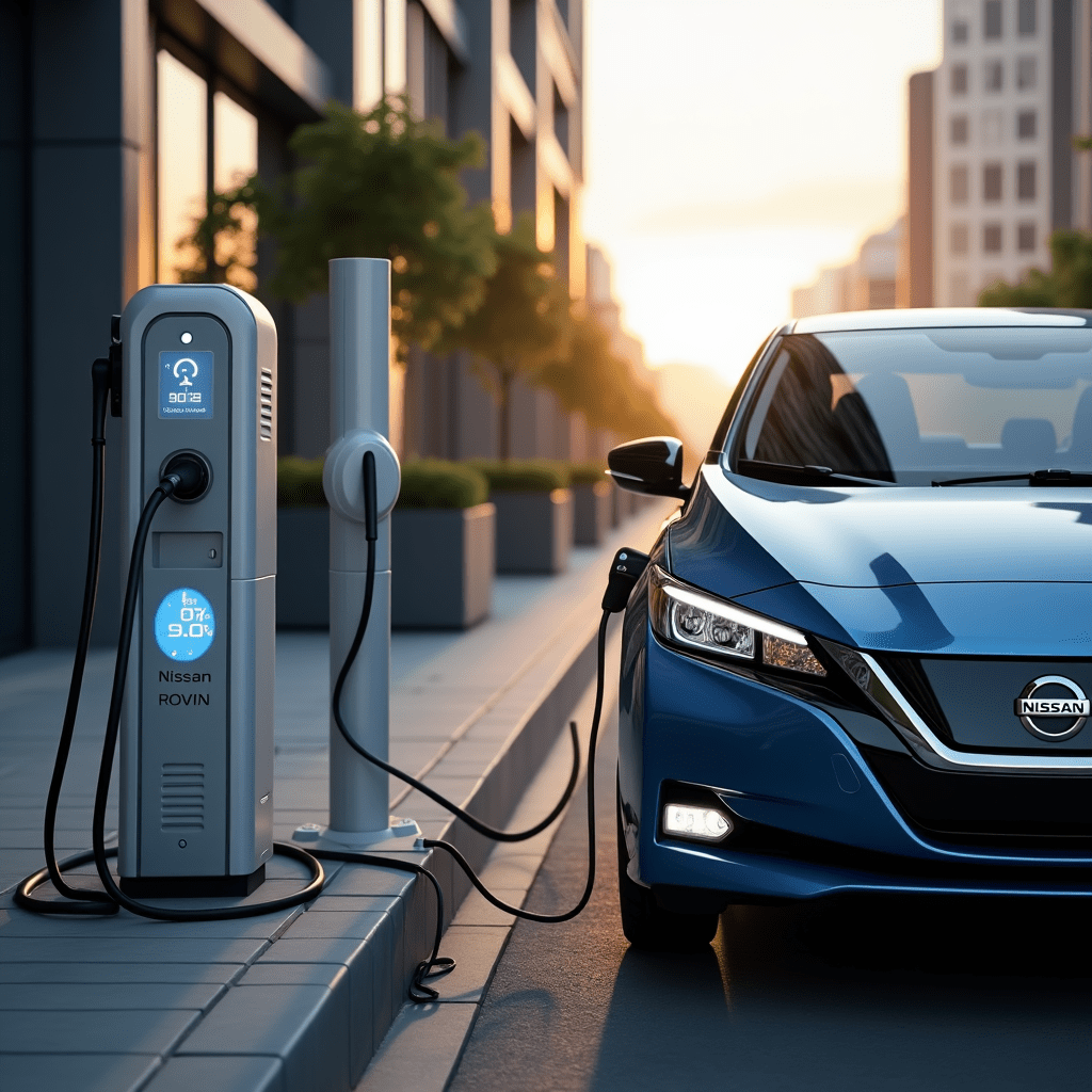 "Nissan DC fast charging station powering a Nissan Leaf electric vehicle, showcasing sustainable transportation infrastructure for EV drivers"