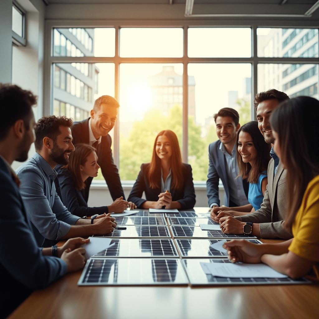 The image captures a vibrant scene of Sungage Financial, CEFIA, and Mosaic's announcement of a $5 million deal for crowdsourced residential solar loans in February 2014. It depicts a diverse group of people collaborating around a table with solar panels and financial documents, set in a modern office with ample natural light, symbolizing innovation and the push towards solar energy adoption.