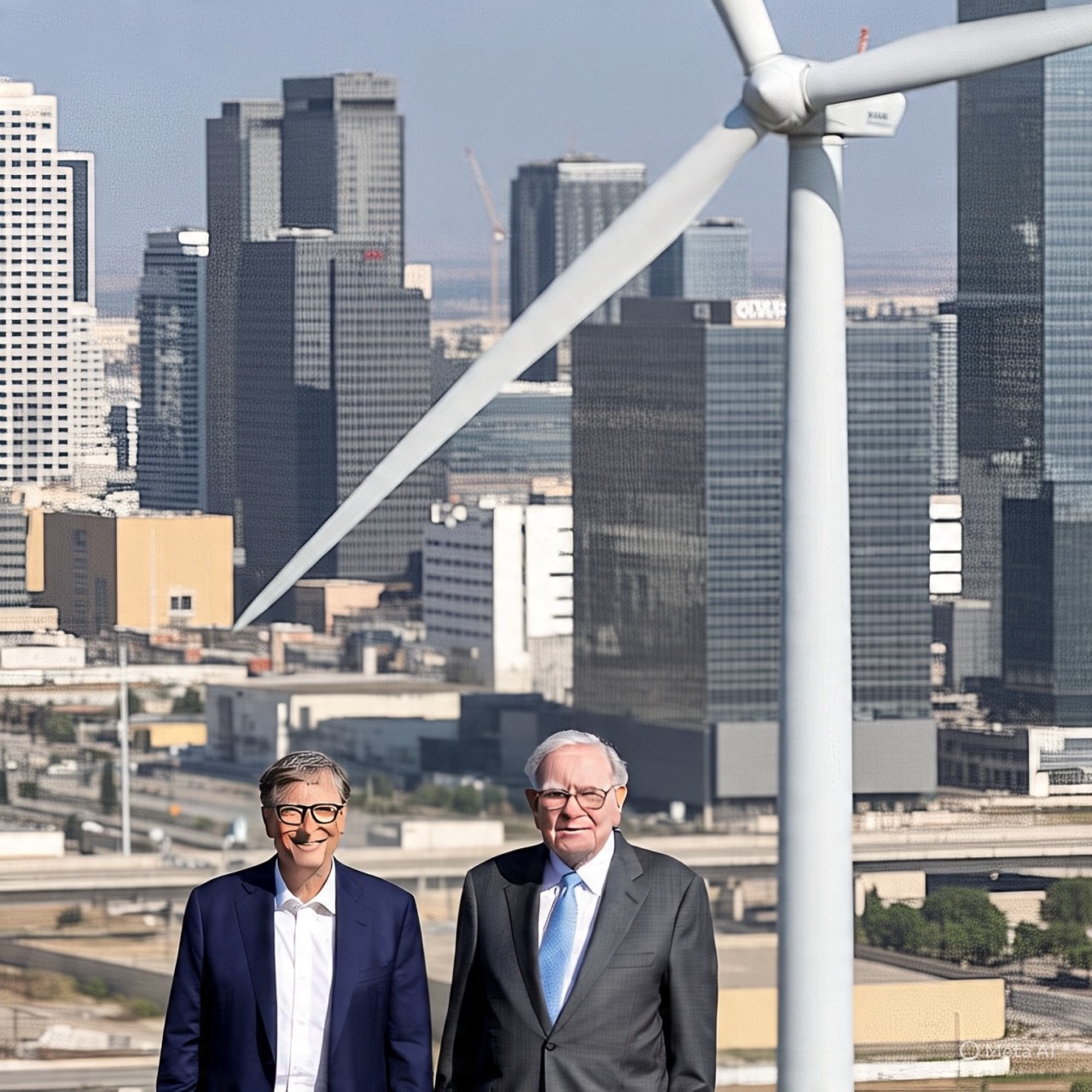 Bill Gates and Warren Buffett standing in front of a wind turbine, symbolizing their investment in clean energy and sustainable future.