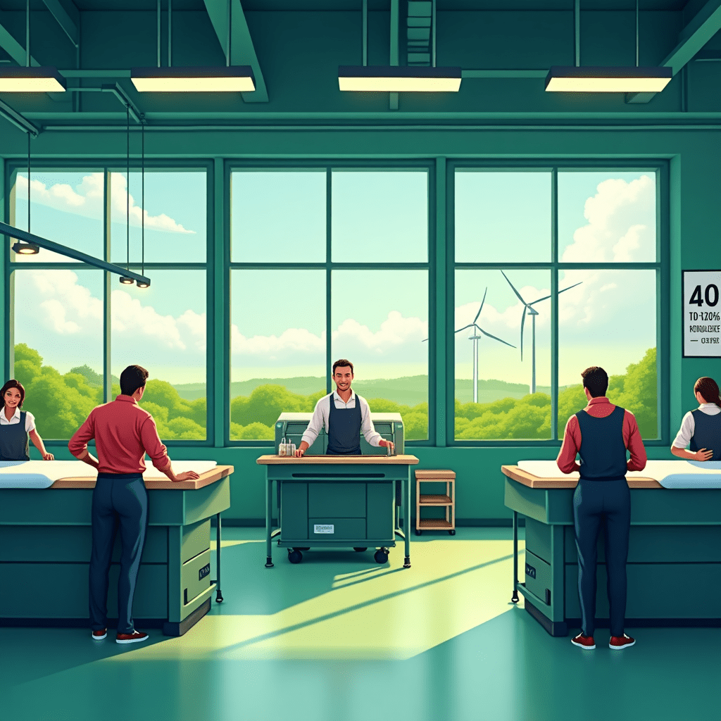 The generated image vividly captures Fruit of the Loom's commitment to sustainability in their textile production. It showcases a modern, eco-friendly factory setting with energy-efficient machinery and bright LED lighting. Workers in Fruit of the Loom uniforms operate state-of-the-art equipment on the production line. Large windows flood the space with natural light, emphasizing the company's focus on energy conservation. A prominent chart on one wall displays the impressive 40% reduction in greenhouse gas emissions, highlighting Fruit of the Loom's environmental achievements. The view outside the factory windows reveals a cotton field and a wind turbine, symbolizing the connection between raw materials and renewable energy sources. This visual element reinforces the company's holistic approach to sustainability. The image's color palette is dominated by soothing greens and blues, effectively conveying the environmental theme. Overall, the scene exudes a sense of progress, efficiency, and environmental responsibility, perfectly illustrating Fruit of the Loom's dedication to sustainable manufacturing practices. This visual representation powerfully complements the article about EPA honoring Fruit of the Loom for their efforts in reducing greenhouse gas emissions.