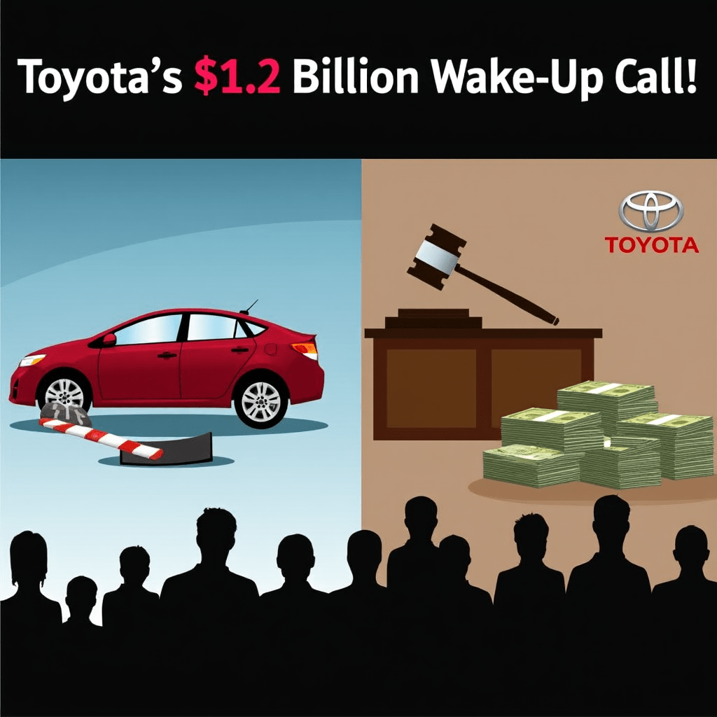 The generated image powerfully illustrates Toyota's $1.2 billion settlement with the U.S. Department of Justice, capturing the essence of this corporate wake-up call. The split-screen composition effectively contrasts the cause and consequence of Toyota's costly misstep. On the left side, we see a Toyota vehicle with a visibly malfunctioning accelerator pedal and an entangled floor mat. This vivid representation brings to life the safety issues that sparked the controversy, making the technical problem tangible and relatable. The right side of the image transports us to a courtroom setting, dominated by a judge's imposing gavel. Stacks of money, symbolizing the staggering $1.2 billion fine, are prominently displayed alongside the Toyota logo. This juxtaposition effectively conveys the severe financial and reputational consequences faced by the company. Spanning the top of the image, bold text proclaims "Toyota's $1.2 Billion Wake-Up Call," immediately drawing attention to the magnitude of the settlement and its industry-wide implications. In the background, silhouettes of other car manufacturers observe the scene, a subtle yet powerful representation of the ripple effect this case has had on the entire automotive industry. It's a visual reminder that Toyota's lesson is one for all to heed. The color scheme employs muted, serious tones that underscore the gravity of the situation. Shades of gray and blue dominate, punctuated by touches of red that highlight key elements like the Toyota logo and the judge's gavel. This image serves as a striking visual summary of the article, encapsulating the complex issues of corporate responsibility, safety oversight, and the far-reaching consequences of neglecting these crucial aspects. It's a powerful reminder that in the automotive world, cutting corners on safety can lead to monumental costs – both financial and ethical.