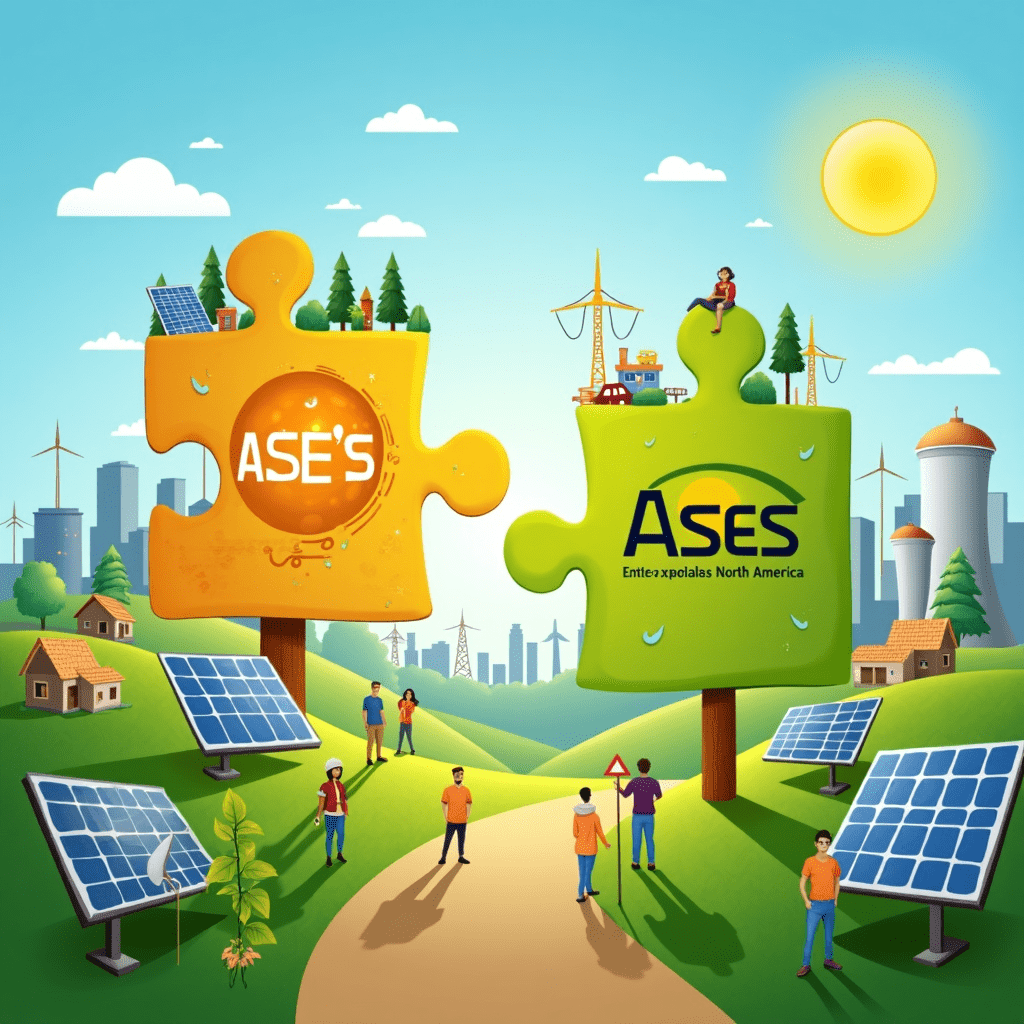 Well, folks, feast your eyes on this solar-powered masterpiece! We've got a visual that's brighter than a summer day in the Mojave Desert, and it's all about the groundbreaking partnership between ASES and Intersolar North America. Picture this: a landscape that's part city, part countryside, all bathed in the golden glow of possibility. Front and center, we've got two massive puzzle pieces coming together like long-lost friends at a solar convention. One's got ASES written all over it, the other's sporting Intersolar North America's logo, and together? They're forming a powerhouse of solar innovation! These aren't your average jigsaw pieces, mind you. They're decked out with more solar tech than you can shake a sun-tracking panel at. We're talking photovoltaic arrays, solar thermal systems that'd make your old water heater weep, and concentrated solar power setups that look like they could power a small country (or at least a really awesome block party). But wait, there's more! Cast your gaze to the background, and you'll see a city in transition. It's like watching evolution in fast-forward, folks. On one side, we've got the old guard – fossil fuel plants puffing away. But they're being outshone (literally) by a skyline that's bristling with solar panels. It's like the buildings themselves are saying, "Fossil fuels? We don't know her." And let's not forget the real stars of the show – the people! This image is crawling with a diverse crew of solar enthusiasts. They're collaborating, innovating, and probably high-fiving over the latest breakthrough in photovoltaic efficiency. It's like a United Nations of clean energy, and everyone's invited to the party. The whole scene is tied together with colors so vibrant, you might need to put on shades. We're talking energetic yellows, vibrant blues, and greens so lush you can almost feel the oxygen they're pumping out. And is that a rising sun I see? You bet your bottom solar cell it is! It's casting its rays over the whole shebang, blessing this union of solar titans. But here's the kicker – see those flowing lines of energy? They're weaving through the entire image, connecting the rural solar farms to the urban solar skyscrapers. It's like Mother Nature's own power grid, and let me tell you, it's a thing of beauty. This, my friends, is more than just a pretty picture. It's a glimpse into a future where ASES and Intersolar North America are leading the charge towards a cleaner, brighter, solar-powered tomorrow. And if this image is anything to go by, that future's looking pretty darn sunny!