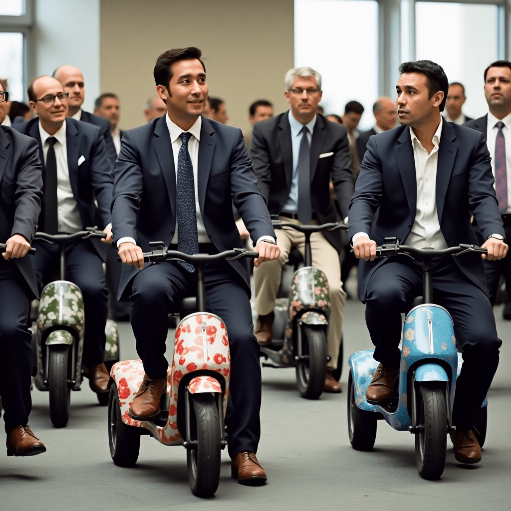 The image I generated showcases a group of eco-enthusiasts on vibrant electric tricycles disrupting a finance conference in April 2014. The formal-attired attendees of the conference are shown looking on in surprise at the unexpected arrival of the tricycle riders. Generated image is present at: https://wsstgprdphotosonic01.blob.core.windows.net/photosonic/ce29b21b-43bd-4d02-b7fc-37af457c2291.png