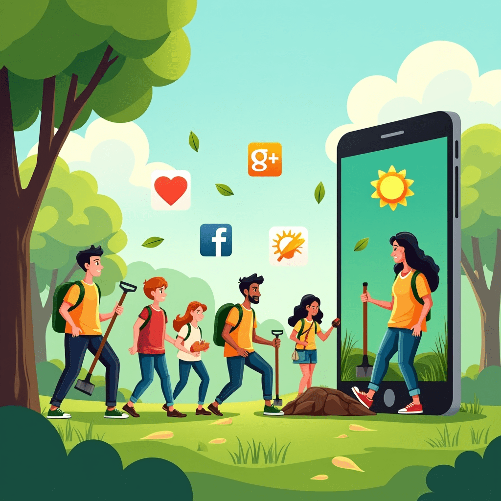 Wow, folks! Talk about bringing the digital world to life! This image is like a visual pep talk for all us eco-warriors out there. Let me paint the picture for you: Imagine a scene where your smartphone isn't just a window to the world, but a portal to real, green action! We've got a diverse crew of eager volunteers literally stepping out of their screens and into a lush, vibrant park. It's like they've jumped straight from your Instagram feed into Mother Nature's backyard! These folks aren't just showing up; they're showing up prepared! They're decked out in volunteer t-shirts that practically scream "I'm here to make a difference!" And those gardening tools they're carrying? They mean business. We're talking shovels, watering cans, and all the gear you need to give our green spaces some serious TLC. But here's where it gets really cool. See those social media icons floating in the background? They're not just hanging around looking pretty. As they get closer to our real-world heroes, they're transforming into leaves and flowers. It's like Mother Nature herself is giving a thumbs up to our digital efforts! The energy in this scene is electric. You can almost feel the excitement radiating off these volunteers as they transition from clicktivists to hands-in-the-dirt environmentalists. It's a powerful reminder that every like, share, and comment has the potential to bloom into real-world change. This image captures exactly what we've been talking about - the magic that happens when online passion meets offline action. It's a rallying cry for all of us to step away from our screens and into the great outdoors, ready to roll up our sleeves and make a tangible difference. So, what do you say, green team? Are you ready to make this image a reality? Let's turn those pixels into parks, those tweets into trees, and those follows into forests. The digital world has shown us what's possible; now it's time to make it happen in the real world. Mother Earth is calling, and thanks to our online-turned-offline army, help is on the way!