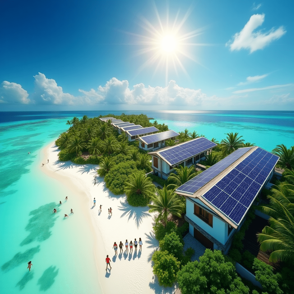 The generated image beautifully illustrates the Kyocera Solar project in the Maldives. It effectively captures the island nation's transition to renewable energy while preserving its natural beauty. On one side of the split-screen image, we see the pristine Maldives landscape: turquoise waters, white sandy beaches, and traditional Maldivian buildings. This represents the country's natural beauty and traditional way of life. The other side showcases the same landscape transformed by sustainable technology. Kyocera solar panels are seamlessly integrated onto the rooftops of buildings, blending harmoniously with the environment. This visual representation emphasizes how renewable energy can coexist with the island's natural charm. A prominent sun takes center stage in the image, symbolizing the abundant solar energy that powers this green initiative. It's a powerful reminder of the natural resources available to the Maldives in its journey towards sustainability. In the foreground, happy locals and tourists enjoy the beach, illustrating that the adoption of solar technology doesn't compromise the island's appeal. Instead, it enhances it by ensuring a sustainable future for this paradise. This image effectively communicates several key points from the article: The successful implementation of Kyocera's solar technology in the Maldives The balance between modern sustainable solutions and preserving natural beauty The positive impact on both the environment and the local community Overall, the image serves as a compelling visual representation of the Maldives' commitment to renewable energy and its partnership with Kyocera Solar, showcasing a bright, sustainable future for this island nation.