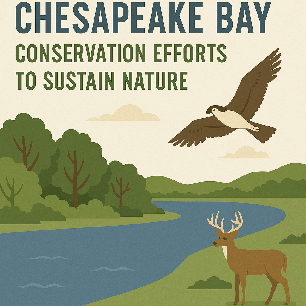 Illustration of Chesapeake Bay with trees, a river, a deer, and an osprey flying above, promoting conservation efforts to protect nature.
