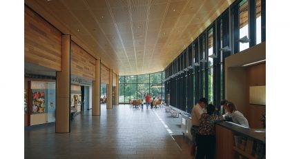 The Morton Arboretum Visitor Center features natural materials, including woods represented in the Arboretum’s collections, gently weathering lead-coated copper, and local fieldstone salvaged from a predecessor building.