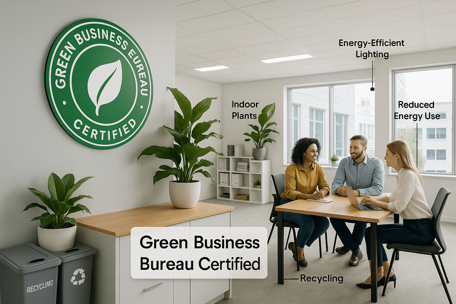 Modern office with Green Business Bureau Certified signage, indoor plants, recycling bins, and natural light. Employees collaborate in a bright, sustainable space.