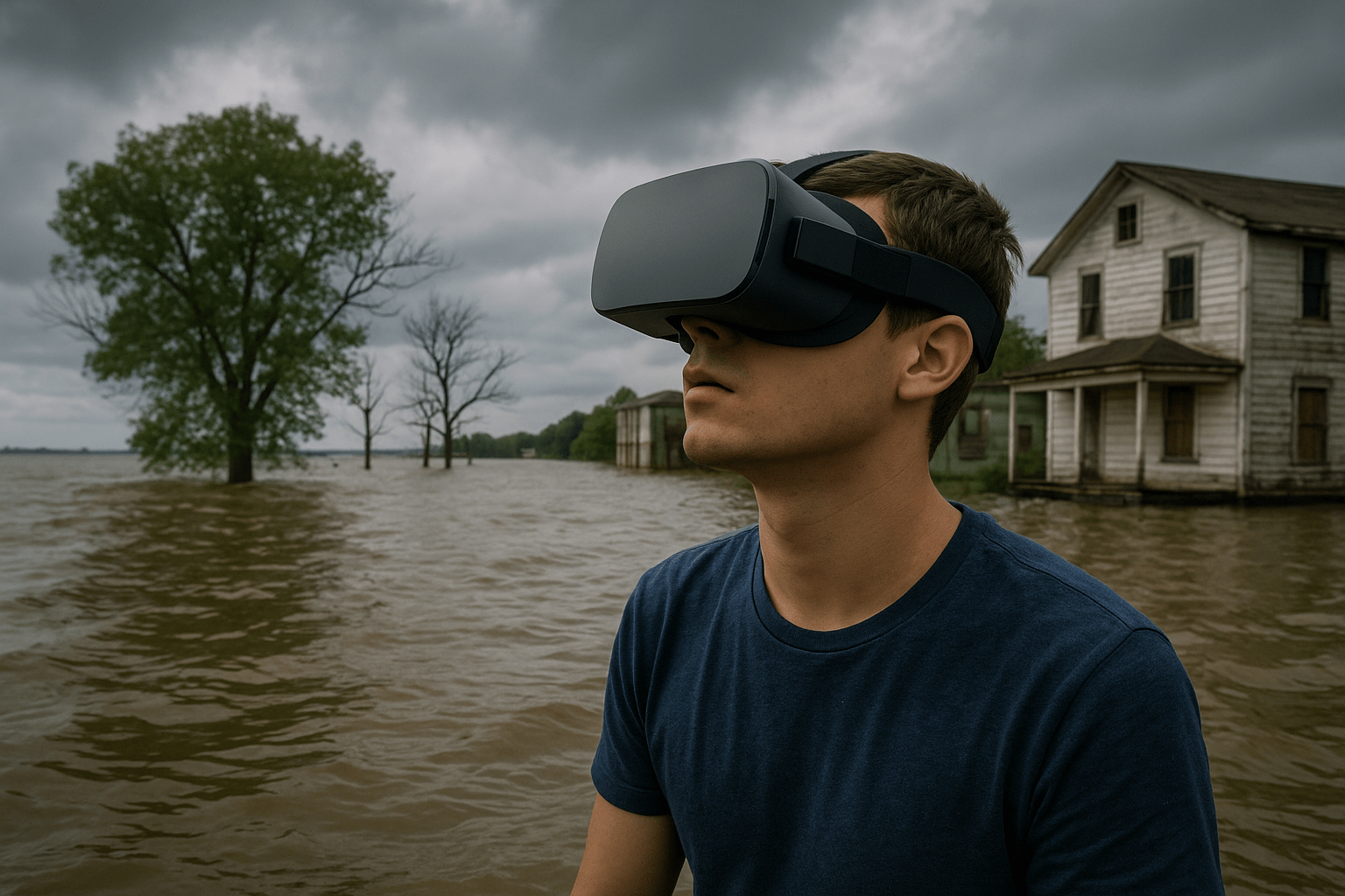 A viewer in a VR headset explores a flooded coastline in an immersive climate experience.