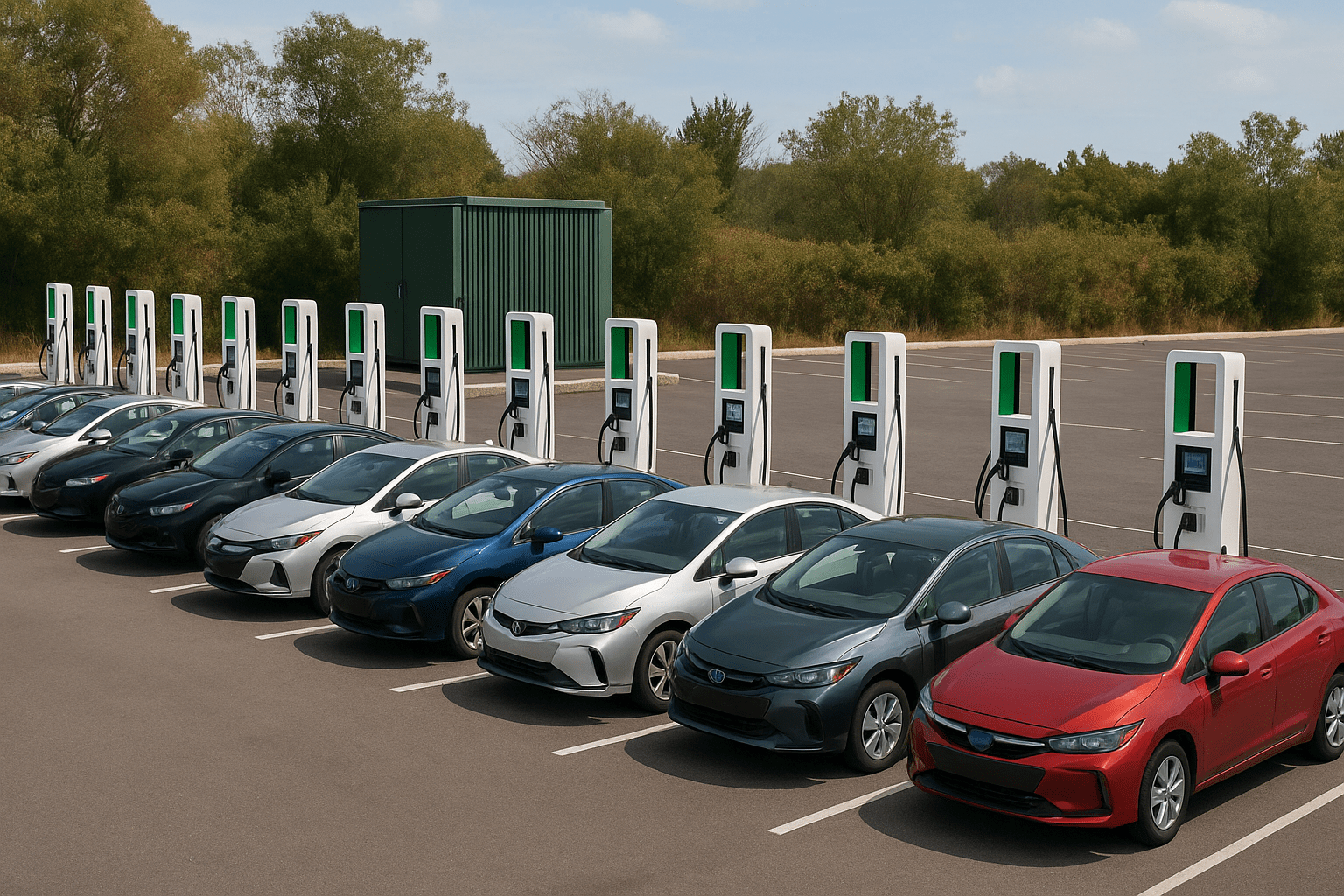 Sixteen electric vehicles charging at sixteen EV stations in a row, with a large green transformer box in the background and trees lining the lot.