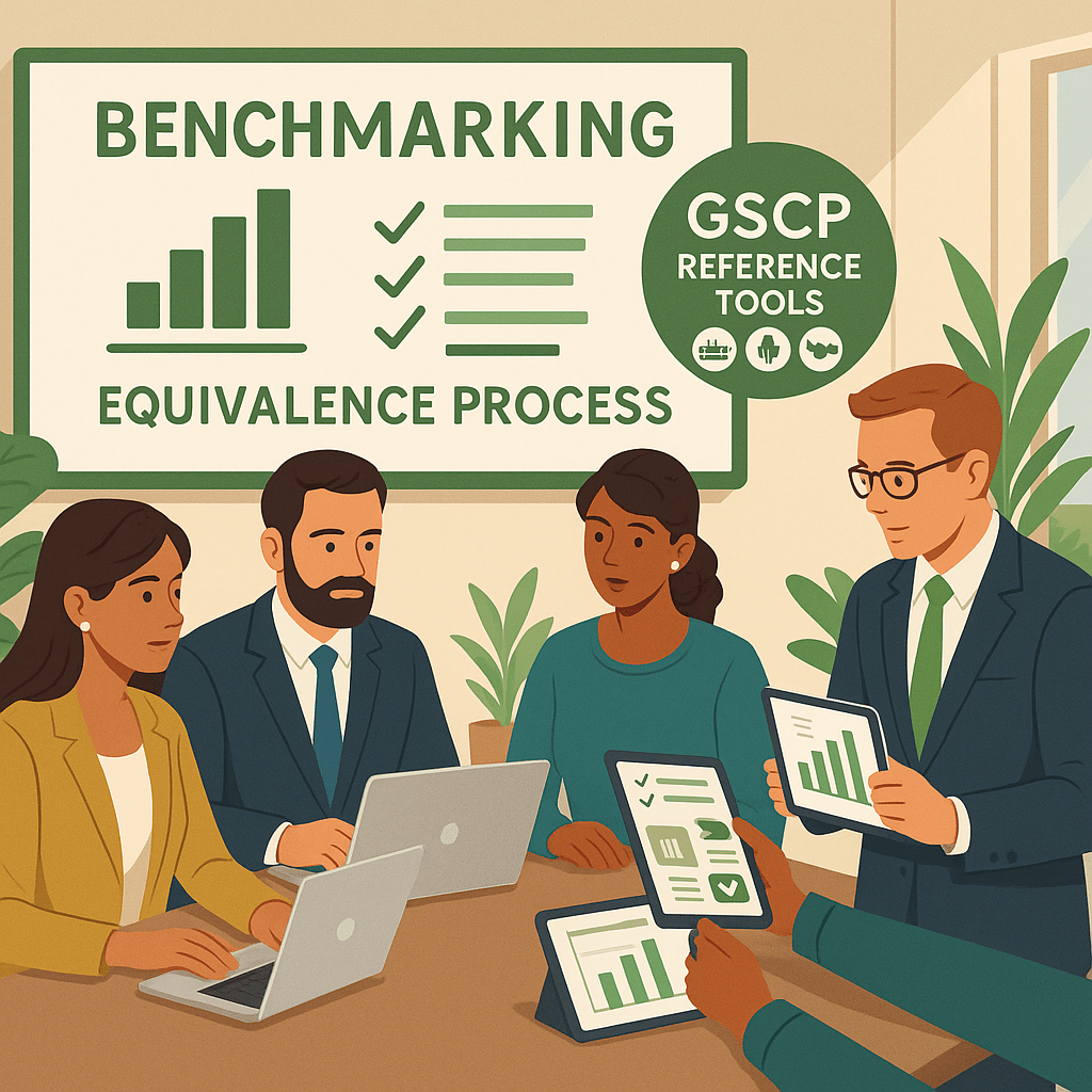 Team of professionals in a modern conference room reviewing sustainability benchmarking data with GSCP Reference Tools shown on a presentation screen.