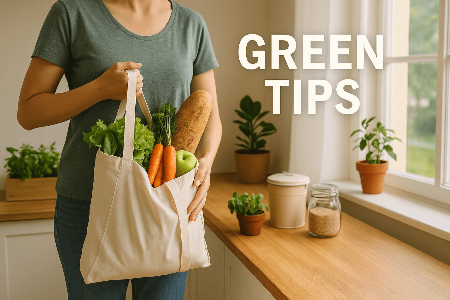 Person holding a reusable shopping bag filled with fresh produce in a bright, eco-friendly kitchen with potted plants and natural light.