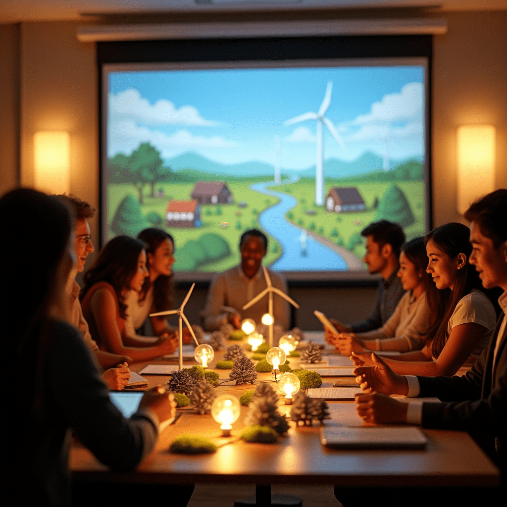 Well, folks, feast your eyes on this electrifying scene! We've got a visual powerhouse that's brighter than a solar farm at high noon, all about IRENA's conference on off-grid energy solutions. Let me paint the picture for you! Front and center, we've got a diverse group of energy enthusiasts huddled around a table like they're planning the next renewable revolution – and hey, maybe they are! They're not just talking the talk; they're walking the walk with miniature models of solar panels, wind turbines, and micro-grids spread out before them. It's like a clean energy playground for grown-ups! But hold onto your recyclable hats, because the background is where the real magic happens. There's a screen so big, it makes your home TV look like a postage stamp. And what's it showing? Rural areas getting the off-grid makeover of their dreams! It's like watching a before-and-after show, but instead of new kitchen cabinets, these folks are getting the gift of clean, reliable energy. The whole scene is lit up brighter than Times Square, but with a twist – those glowing light bulbs? They're powered by good ol' Mother Nature herself. It's like Edison and Captain Planet had a brainstorming session, and this is what they came up with. And let's talk about the vibe, shall we? It's more energetic than a kid on a sugar rush, but in a good way. There's an optimism in the air so thick you could cut it with a recycled plastic knife. The warm lighting and earthy tones aren't just easy on the eyes; they're practically screaming "We love this planet, and we're here to save it!" This, my friends, is what happens when brilliant minds come together to tackle the world's energy challenges. It's not just a conference; it's a glimpse into a future where "off-grid" doesn't mean "out of luck." So, here's to IRENA and all the eco-warriors out there working to bring power to the people – literally! Remember, folks: in the world of renewable energy, the future's so bright, we gotta wear shades. And based on this image, that future is looking pretty darn awesome!