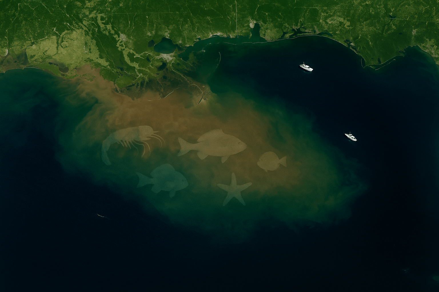Satellite-style aerial image of the Gulf of Mexico showing a large, murky dead zone off the Louisiana coast with visible coastal runoff and faint outlines of marine life.