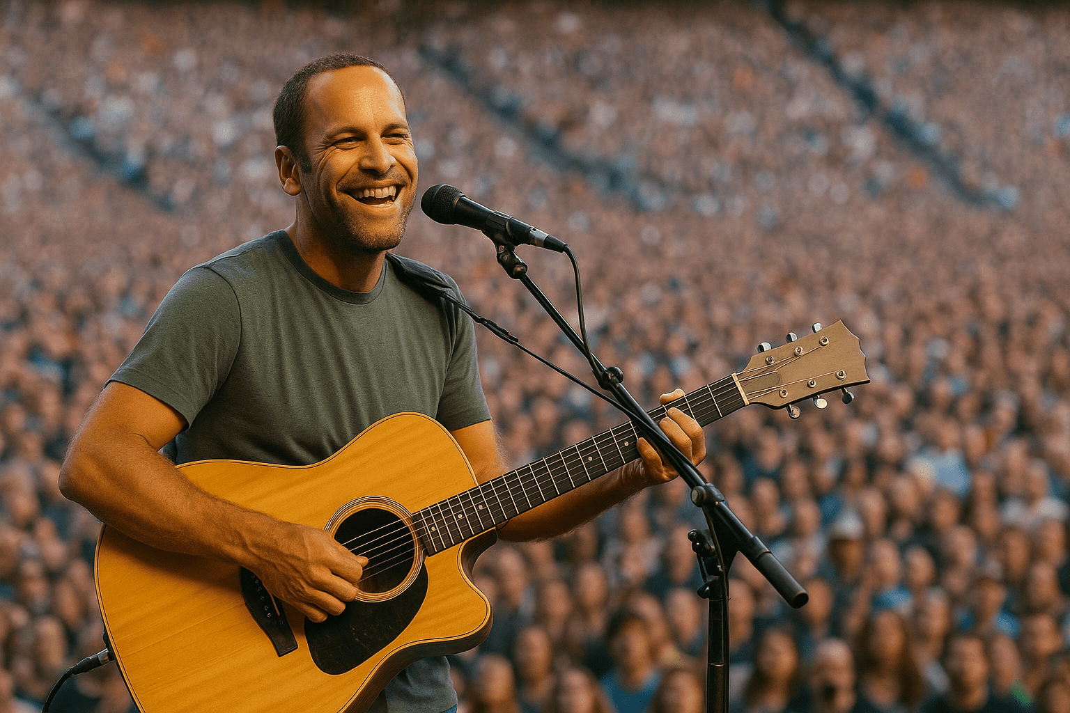Jack Johnson smiles while playing guitar on stage with a massive crowd cheering in the background.