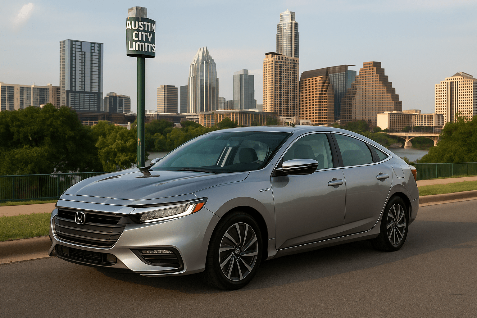 2020 Honda Insight Hybrid parked on a city street with the Austin skyline and Austin City Limits sign in the background during a clear late afternoon.