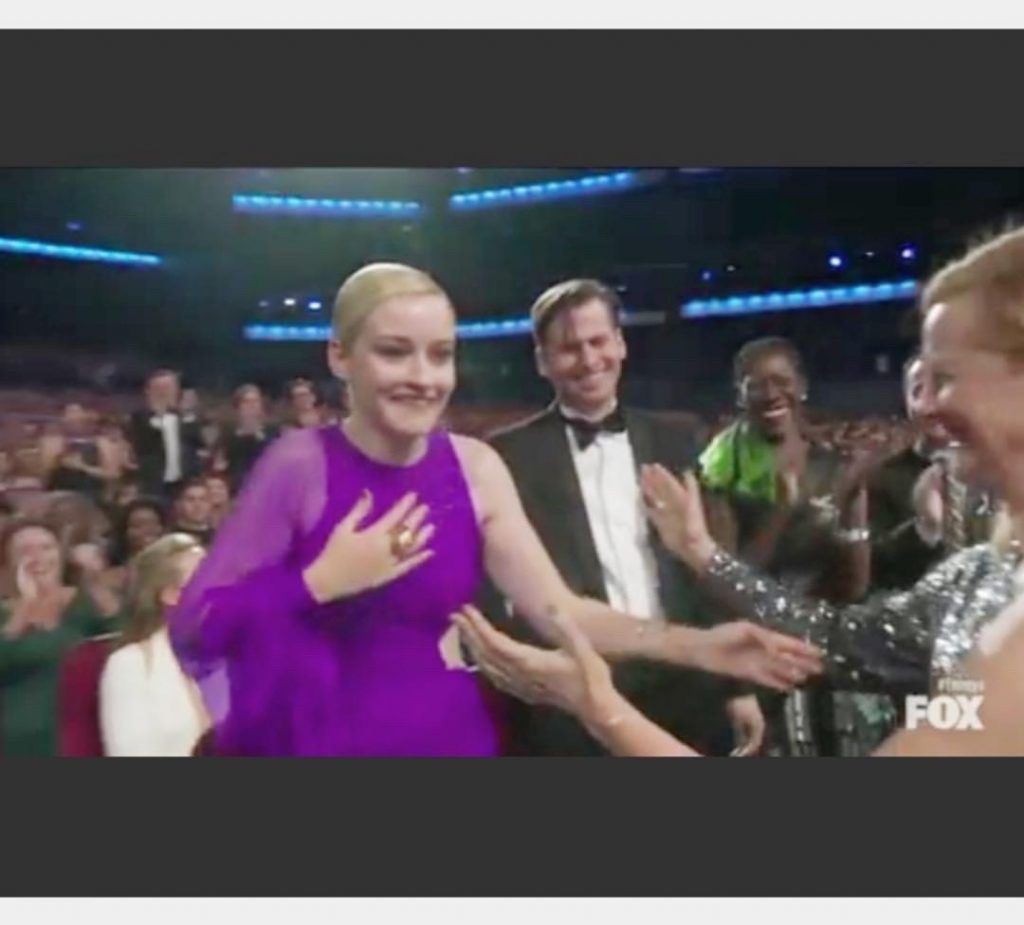 Gwen can be seen on right. Just as the beautiful Julia Garner actress wins from her show Ozark (dark blonde guy in middle is her fiance Mark) an ECO dress made history. As repurposing or recylcing goes: 