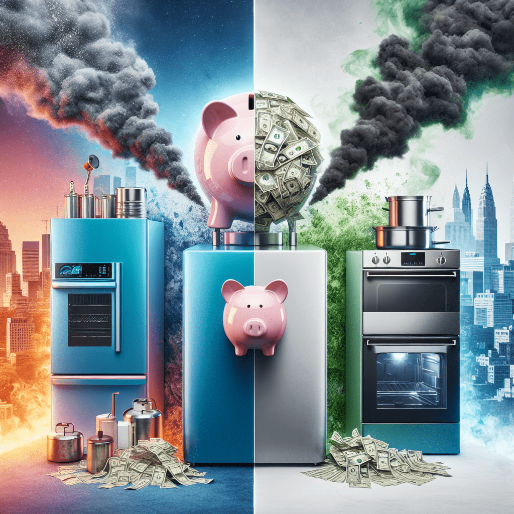The generated image powerfully illustrates the impact of appliance standards on pollution reduction and cost savings. A striking split-screen composition contrasts energy-efficient appliances with their older, inefficient counterparts. On the left side, modern appliances sporting Energy Star labels emit a soft, clean glow. These sleek devices represent the latest in energy-efficient technology, showcasing how updated standards have transformed household equipment. The right side features older, power-hungry appliances belching dark smoke, symbolizing the pollution and waste associated with outdated models. At the center of the image, a large piggy bank overflowing with dollar bills serves as a focal point. This visual metaphor effectively communicates the significant financial savings that result from implementing stricter appliance standards. It reinforces the ACEEE's findings that these regulations are saving the nation billions of dollars. The background of the image transitions from a smoggy cityscape on the right to clear, blue skies on the left. This transformation visually represents the reduction in pollution achieved through more efficient appliances and stricter standards. The vibrant color palette emphasizes the stark contrast between old and new technologies, making the benefits of updated standards immediately apparent. This compelling visual encapsulates the key messages from the Green Living Guy article: appliance standards are not only reducing pollution but also generating substantial economic benefits for the nation. It effectively communicates complex data in an accessible, impactful manner, highlighting the positive changes brought about by energy efficiency regulations in our everyday lives.