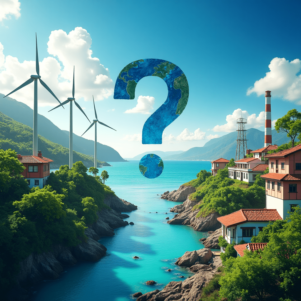 The generated image effectively captures the essence of Puerto Rico's energy efficiency debate, as discussed in the article. The split-screen composition visually represents the island's energy crossroads, highlighting the contrast between traditional and sustainable energy approaches. On one side of the image, we see a vibrant, forward-looking Puerto Rico. Solar panels and wind turbines dominate this half, symbolizing the promise of renewable energy and efficiency measures. Energy-efficient buildings with sleek, modern designs further emphasize the potential for a sustainable future. This side represents the benefits of energy efficiency programs mentioned in the article, including reduced electricity costs, decreased dependence on imported fossil fuels, and job creation. The other side of the image portrays Puerto Rico's current energy landscape. Traditional power plants and fossil fuel infrastructure dominate this half, representing the status quo that opponents of energy efficiency measures seek to maintain. This visual contrast effectively illustrates the debate between those pushing for change and those resistant to it. A large question mark at the center of the image symbolizes the ongoing debate and the critical decision Puerto Rico faces. This element ties directly to the article's discussion of misinformation and the need for accurate information to guide the island's energy future. The island's coastline visible in the background serves as a reminder of Puerto Rico's unique geographical context and the importance of tailoring energy solutions to its specific needs. The vivid colors used in the image emphasize the stark contrast between the two energy approaches, mirroring the intensity of the debate described in the article. This visual representation effectively supports the article's key points: It showcases the potential benefits of energy efficiency and renewable energy. It highlights the current reliance on traditional, fossil fuel-based energy sources. The split-screen composition and central question mark represent the ongoing debate and the critical choice Puerto Rico faces. The inclusion of both modern and traditional infrastructure illustrates the economic implications discussed in the article, including job creation and economic growth potential. Overall, this image serves as a powerful complement to the article, providing a visual narrative that encapsulates Puerto Rico's energy efficiency battle and the high stakes involved in the island's energy future.