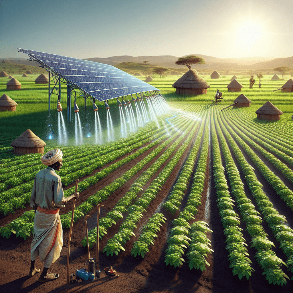 The image depicts a sun-drenched African agricultural landscape transformed by solar-powered irrigation. In the foreground, modern solar panels power an efficient irrigation system, with water sprinklers visible across lush green crop rows. A farmer tends to the thriving fields, while traditional African huts and a small village in the background highlight the contrast between innovative technology and rural settings. This visual representation effectively illustrates the African Development Bank's initiative to implement sustainable, solar-powered irrigation systems in rural African communities.