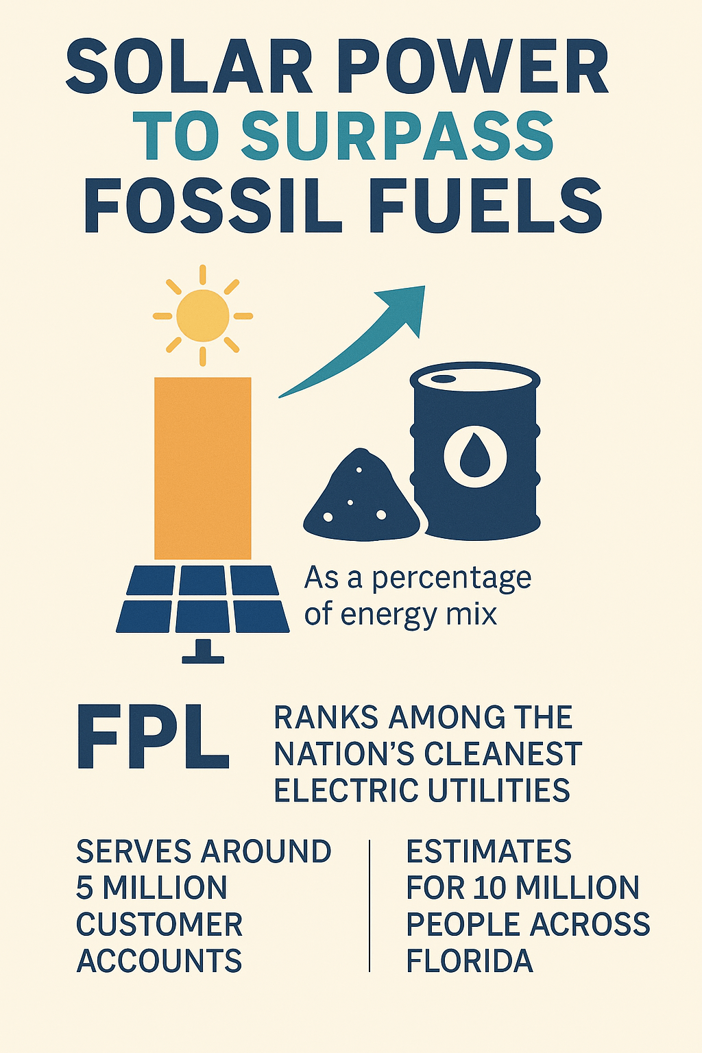 Infographic showing FPL’s projection of solar energy surpassing fossil fuels as part of its energy mix, featuring icons of a sun, solar panel, coal, oil barrel, and upward arrow with supporting stats on customer reach and utility rankings.