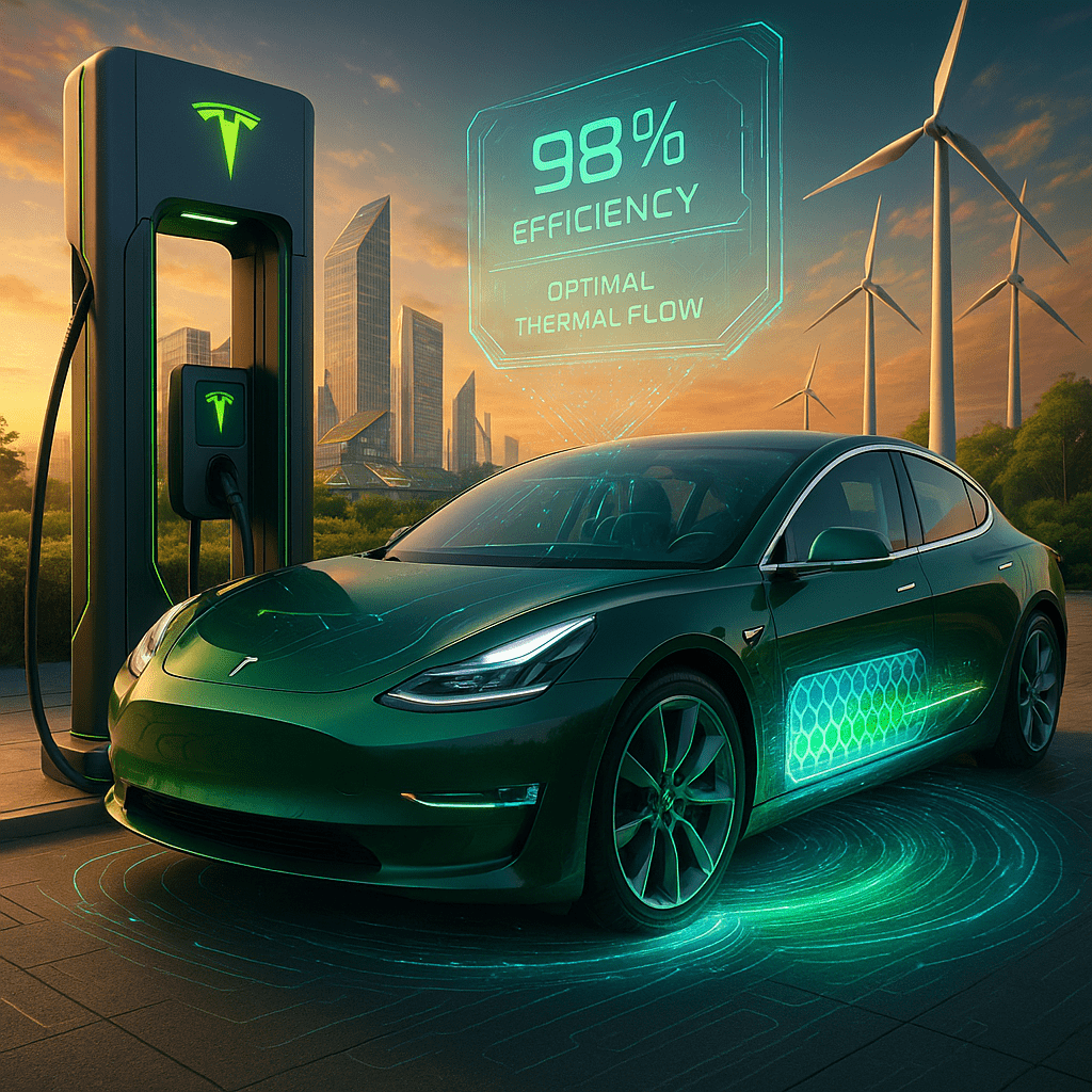 Futuristic Tesla Model 3 with glowing transparent battery charging at a sci-fi station, set against a sustainable city with solar towers and wind turbines under a golden sunset.