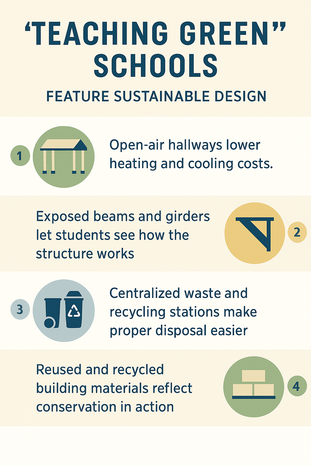 Infographic titled “Teaching Green Schools Feature Sustainable Design” with four icons illustrating open-air hallways, exposed beams, recycling stations, and reused materials, each paired with brief text descriptions.
