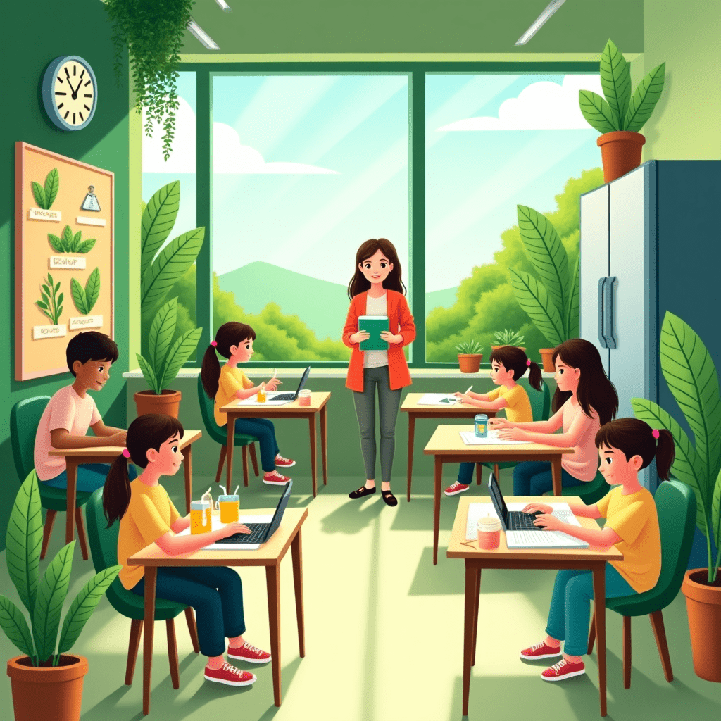 The image generated depicts a vibrant and engaging green classroom, showcasing various sustainable practices. Students are actively participating in eco-friendly activities such as recycling, gardening, and using digital devices for learning, all within a modern and colorful setting that reflects a commitment to sustainability and environmental awareness.