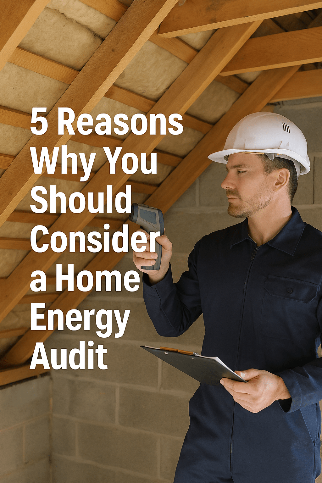Energy auditor in a hard hat uses an infrared thermometer in an attic with visible insulation and wooden beams, overlaid with text promoting home energy audits.