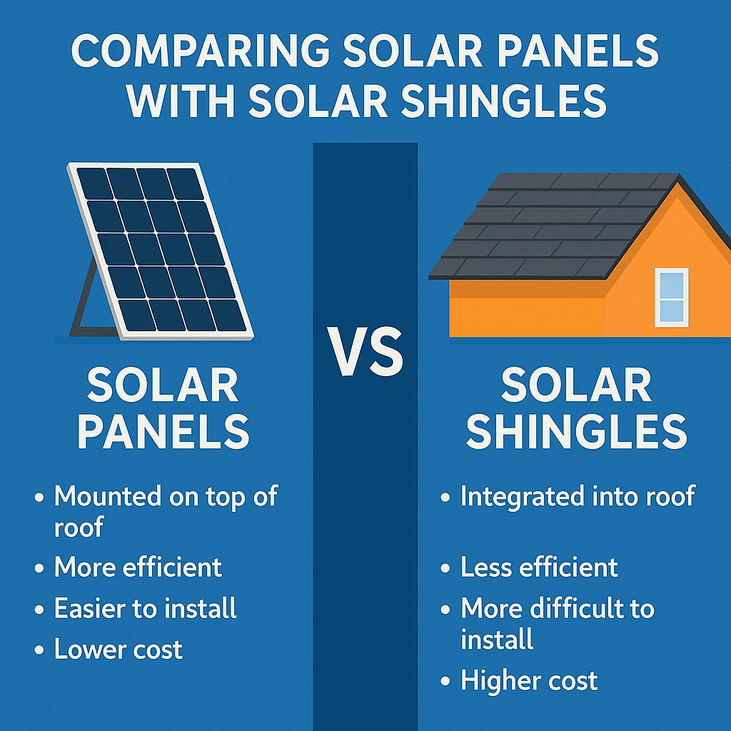 Infographic comparing solar panels and solar shingles side by side, showing key differences in efficiency, cost, and installation.