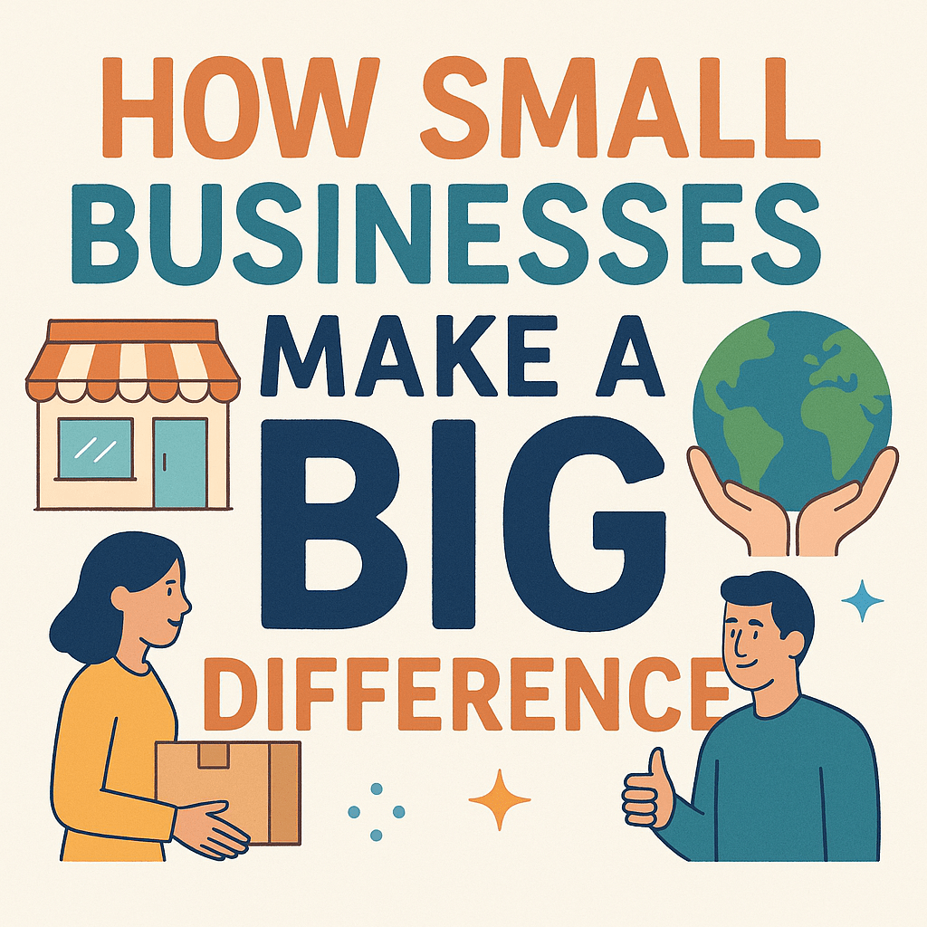 Illustration with the text “How Small Businesses Make a Big Difference” featuring a storefront, a globe held in hands, a woman holding a package, and a man giving a thumbs up—emphasizing the community and global impact of small businesses.