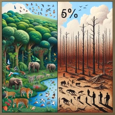 Illustration showing a split landscape: a lush, green forest with wildlife on the left and a barren, drought-stricken wasteland on the right, with silhouettes of people planting trees below a bold “59%” statistic.