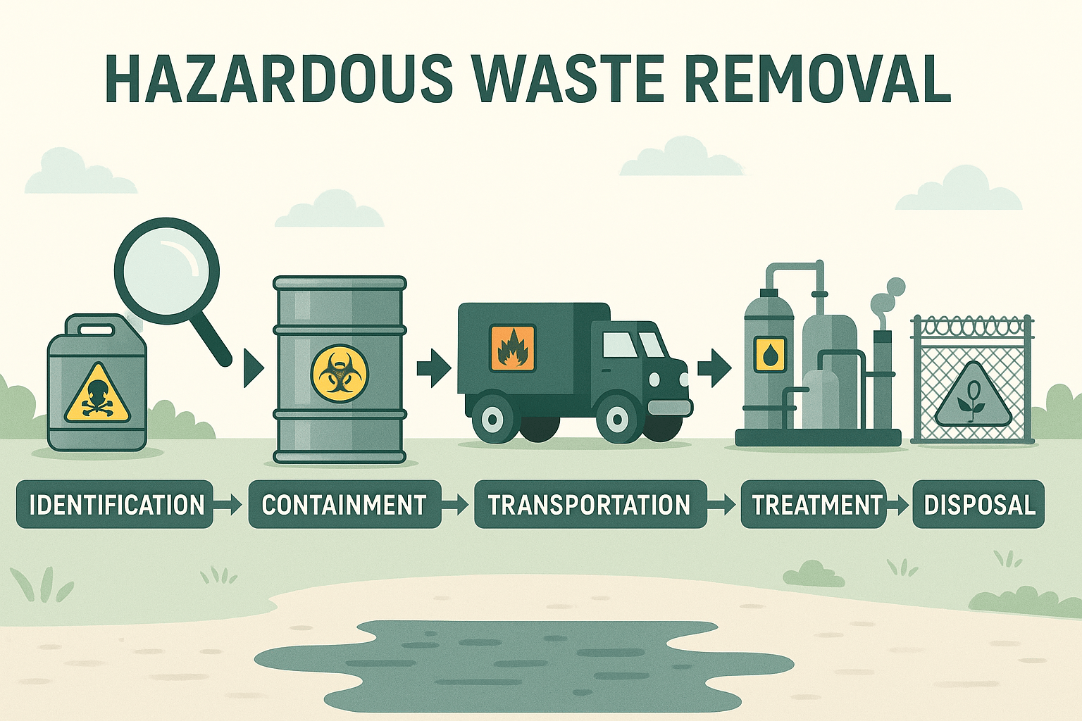 Infographic depicting the hazardous waste removal process, including identification, containment, transportation, treatment, and disposal, with corresponding icons for each step.