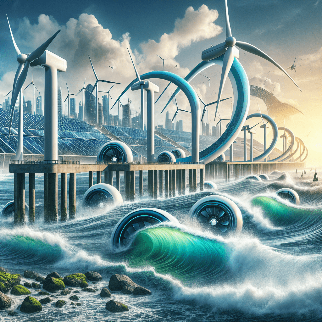 The generated image beautifully captures Eco Wave Power's innovative approach to harnessing ocean energy. In the foreground, we see a series of sleek, blue and white wave energy converters attached to a sturdy pier. These devices are actively transforming the rhythmic motion of the waves into clean, renewable electricity. You can almost feel the power of the ocean being channeled into sustainable energy right before your eyes. Behind the pier, a modern cityscape unfolds, showcasing a diverse renewable energy landscape. Wind turbines spin gracefully in the distance, while solar panels glint in the sunlight, emphasizing the complementary nature of various green energy sources. This visual representation underscores Eco Wave Power's role in a comprehensive renewable energy strategy. What really brings the scene to life is the government building visible in the background. Its presence symbolizes the pending energy legislation mentioned in the article. It's as if we're witnessing the convergence of innovative technology and forward-thinking policy, poised to reshape our energy future. As the Green Living Guy, I'm absolutely stoked about what this image represents! It's like seeing the future of renewable energy unfold right before our eyes. Eco Wave Power isn't just riding the waves; they're making waves in the energy sector! This technology is proof that when it comes to clean energy, we need to look beyond the obvious and tap into the vast potential of our oceans. The juxtaposition of the wave energy converters with other renewable sources sends a powerful message: diversification is key in our transition to a sustainable energy future. It's not about choosing one technology over another; it's about harnessing all the clean energy sources at our disposal. And let's not forget that government building in the background. It's a reminder that technology alone isn't enough – we need supportive policies to really make a splash in the renewable energy world. The pending energy legislation could be the tide that lifts all boats in the green energy sector. This image isn't just a pretty picture; it's a glimpse into a future where our coastlines aren't just for surfing and sunbathing – they're powerhouses of clean energy production. Eco Wave Power is showing us that with a little ingenuity, we can turn every wave into a wave of change. Remember, folks, every time you see the ocean, you're looking at an untapped resource of clean, renewable energy. It's companies like Eco Wave Power and projects like these that are turning that potential into reality. So next time you're at the beach, take a moment to appreciate those waves – they might just be powering your home in the near future!