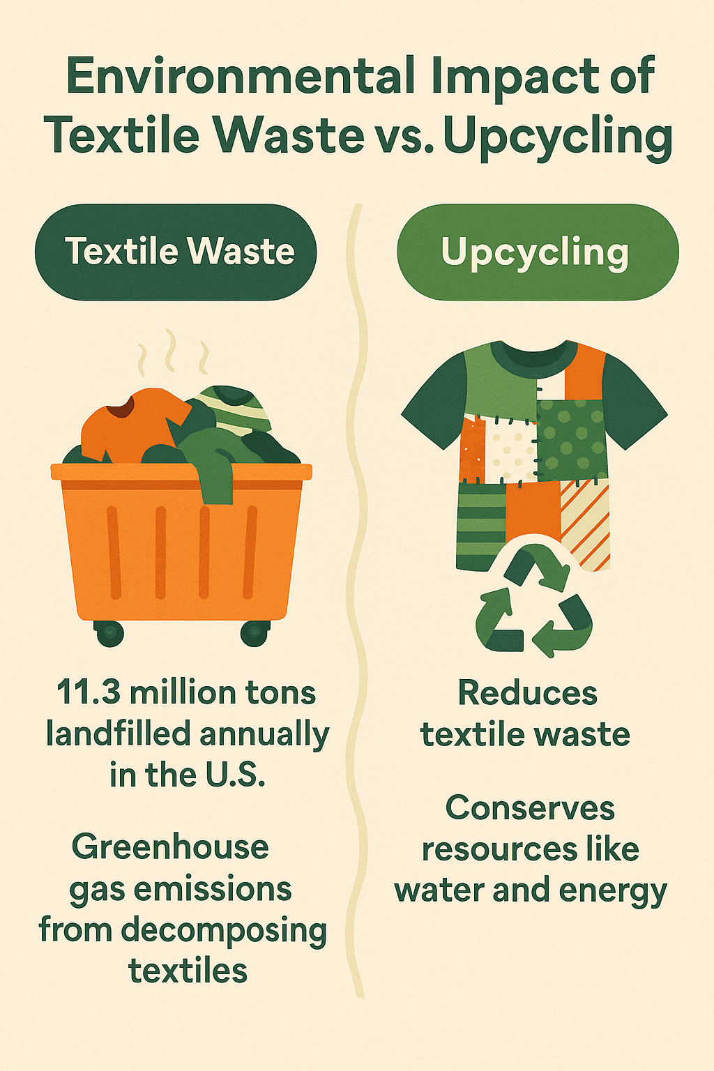 Infographic comparing the environmental impact of textile waste and upcycling.