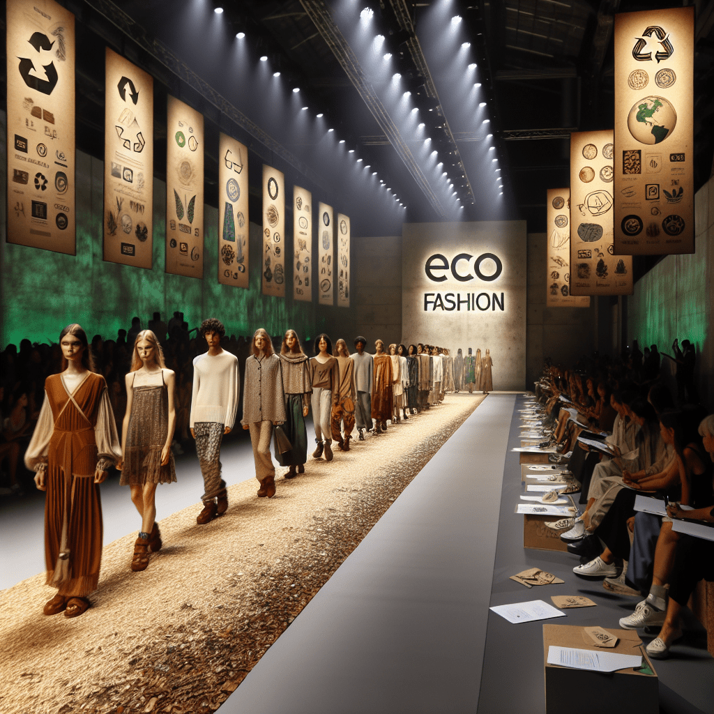 The generated image captures the essence of the eco-friendly fashion movement in 2007. A sleek runway showcases models adorned in garments crafted from sustainable materials like organic cotton, bamboo, and hemp. The color palette leans towards earthy tones, reflecting the natural origins of these eco-conscious fabrics. Dominating the backdrop, a large "Eco-Fashion" banner emphasizes the event's focus, while recycling symbols scattered throughout reinforce the sustainability theme. The warm, natural lighting enhances the organic feel of the entire scene. In the audience, we see a mix of environmentally aware celebrities and fashion industry leaders. Some are jotting down notes on what appears to be recycled paper, highlighting the growing interest in sustainable fashion practices. A particularly interesting detail is the small display area at the corner of the runway. Here, various eco-friendly fabrics and materials used in the clothing designs are exhibited, offering attendees a closer look at the innovative textiles shaping the future of fashion. This image encapsulates the excitement and potential surrounding eco-friendly fashion in 2007, a time when the industry was just beginning to embrace sustainability on a larger scale. It serves as a visual representation of the fashion world's early steps towards a greener, more environmentally conscious future.