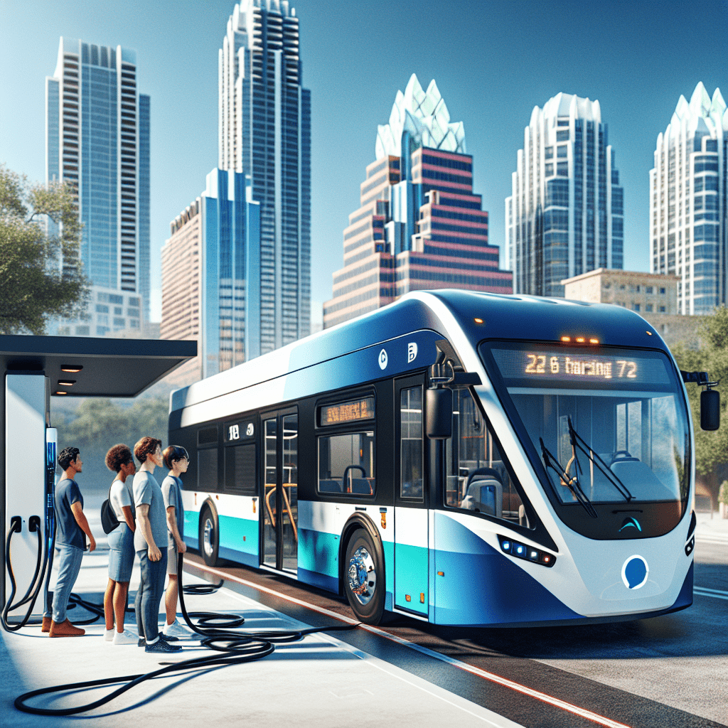 The vibrant image captures the essence of Capital Metro's ambitious electric bus expansion in Austin, Texas. A sleek, modern electric bus, adorned in Capital Metro's signature blue and white colors, stands at a futuristic charging station. The bus's clean lines and eco-friendly design symbolize the city's commitment to sustainable public transportation. In the background, Austin's iconic skyline rises against a clear, sunny sky, emphasizing the urban setting and the scale of this green initiative. The charging station, with its multiple ports and cutting-edge design, showcases the infrastructure investments necessary to support this large-scale transition to electric vehicles. Passengers waiting to board the bus represent the community's embrace of this eco-friendly transit option. Their presence highlights how this project not only benefits the environment but also serves the daily needs of Austin's residents. This visual representation brings to life Capital Metro's plan to add 157 electric buses over the next five years. It illustrates the harmonious blend of technology, sustainability, and urban life that this initiative aims to achieve, painting a compelling picture of Austin's greener, cleaner public transportation future.