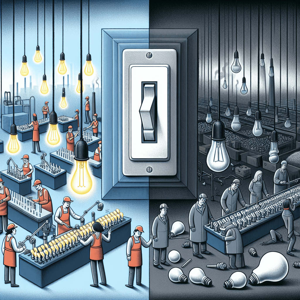 The generated image powerfully illustrates the potential consequences of the Light Bulb Rider on U.S. manufacturing jobs. A stark contrast divides the scene, highlighting the two possible futures for the American lighting industry. On one side, we see a vibrant, modern factory floor bustling with activity. Workers efficiently assemble energy-efficient LED bulbs, symbolizing innovation, productivity, and job security. The bright, clean environment reflects the promise of a sustainable and economically viable future for U.S. manufacturing. In sharp contrast, the other half of the image depicts a dimly lit, abandoned factory space. Scattered incandescent bulbs litter the floor, representing outdated technology and lost jobs. This somber scene serves as a warning of what could happen if energy-efficient lighting standards are not enforced. At the center of the image, a large light switch sits in a halfway position. This powerful visual metaphor represents the critical policy decision at stake. It suggests that lawmakers hold the power to either illuminate a bright future for American workers or plunge the industry into darkness. The muted color palette and serious tone of the image effectively convey the gravity of the situation. It captures the essence of the article's message: the Light Bulb Rider could have far-reaching consequences for U.S. jobs and the domestic lighting industry. This compelling visual brings to life the complex issues surrounding energy policy, job security, and technological progress. It serves as a stark reminder of what's at stake in this debate, urging viewers to consider the long-term implications of short-term policy decisions.
