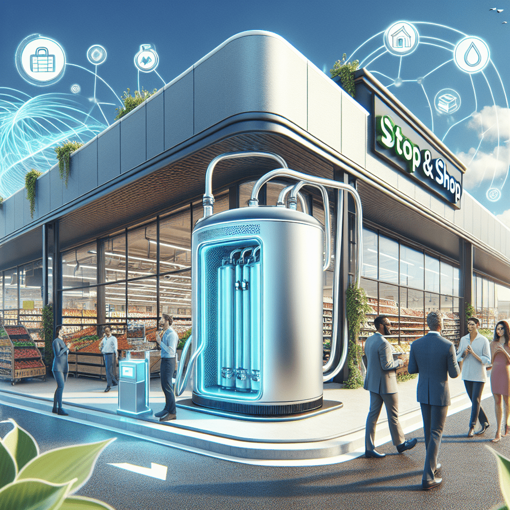 The generated image brilliantly captures Stop & Shop's innovative leap into sustainable energy with their fuel cell installation. At the forefront, we see a sleek, futuristic fuel cell unit, its design both eye-catching and functional. This cutting-edge technology stands as a testament to the grocery chain's commitment to reducing its carbon footprint. The Stop & Shop storefront serves as the backdrop, its familiar logo prominently displayed, grounding the scene in the everyday shopping experience. Connecting the fuel cell to the store, we see glowing power lines, visually representing the clean energy flow that's now powering the supermarket's operations. Curious shoppers are depicted entering and exiting the store, some pointing at the fuel cell with evident interest. This detail highlights how the installation not only serves an environmental purpose but also educates the community about sustainable energy solutions. The image's bright, optimistic color palette underscores the positive impact of this green initiative. A clear blue sky overhead symbolizes the reduced emissions and cleaner air resulting from the fuel cell's operation. Floating green leaves and energy efficiency symbols around the fuel cell further emphasize its eco-friendly nature. This visual representation brings to life Stop & Shop's forward-thinking approach to energy management. It showcases how a familiar retail environment can be transformed into a beacon of sustainability, seamlessly integrating advanced technology with everyday shopping. The fuel cell's prominent placement in the image reflects Stop & Shop's pride in this innovation and their commitment to transparency about their environmental efforts. It's a powerful statement that clean energy can be both functional and visually appealing in a commercial setting. As the Green Living Guy, I'm thrilled to see this kind of innovation in the retail sector. Stop & Shop is really cooking with gas – or should I say, hydrogen! This fuel cell isn't just powering their store; it's energizing the entire community's attitude towards clean energy. It's like they've turned their supermarket into a super-eco-market. Now that's what I call smart shopping for our planet's future!