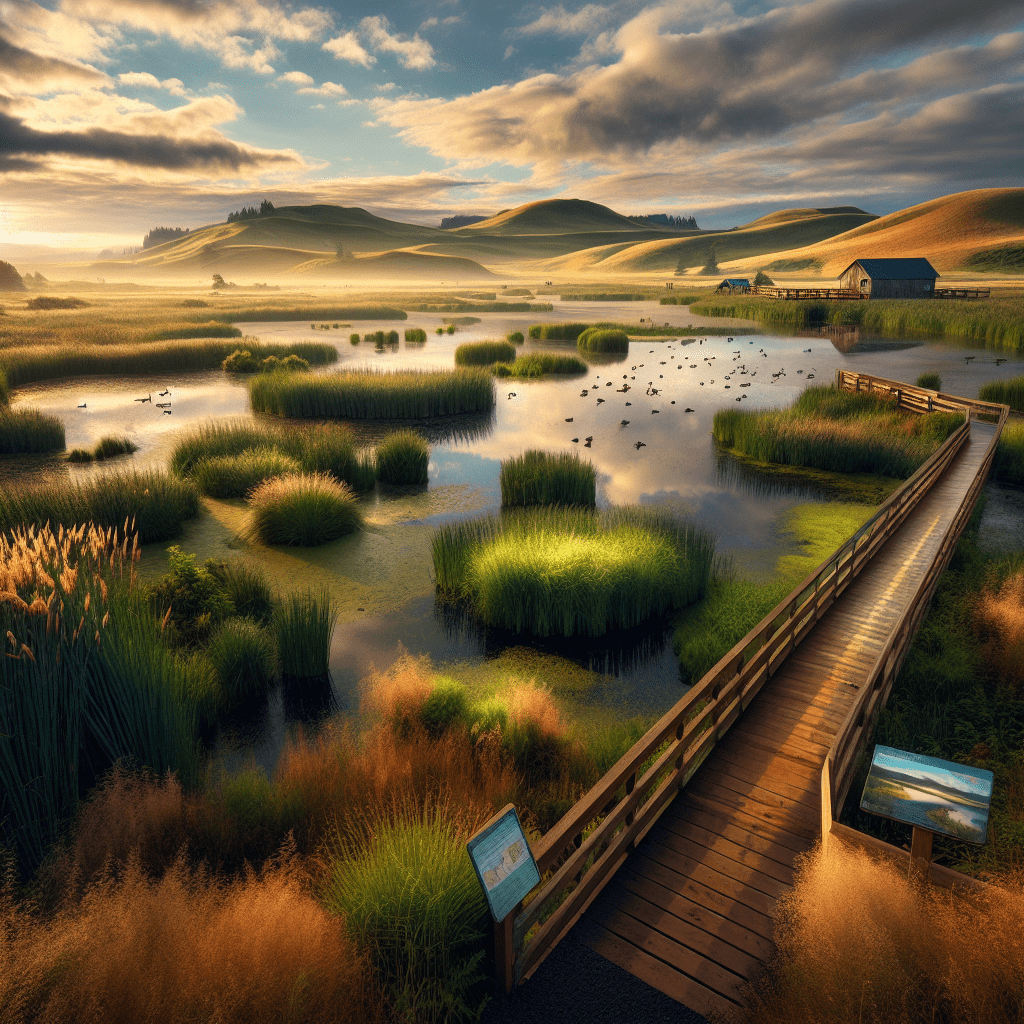 The generated image beautifully captures the essence of Tillamook Dairy's commitment to preserving the Hoquarten Slough wetlands. It's a stunning visual representation of how agriculture and environmental conservation can coexist harmoniously. In the foreground, we're greeted by a vibrant wetland ecosystem. Lush, green vegetation thrives, showcasing the rich biodiversity of the area. Native plants and reeds sway gently, providing crucial habitats for local wildlife. A wooden boardwalk extends into the wetland, inviting visitors to explore this natural wonder while ensuring minimal disturbance to the delicate ecosystem. The middle ground features a tranquil body of water, its surface a mirror reflecting the partly cloudy sky above. A few waterfowl can be spotted, emphasizing the importance of these wetlands for local bird populations. This serene scene underscores the vital role that preserved wetlands play in maintaining ecological balance. In the background, rolling hills rise gently, creating a picturesque backdrop. The silhouette of dairy farm buildings is visible, a subtle nod to Tillamook Dairy's presence in the area. This juxtaposition of natural landscape and agricultural infrastructure perfectly illustrates the company's commitment to balancing its operations with environmental stewardship. The sky is awash with the warm, golden hues of either sunrise or sunset, casting a magical light over the entire scene. This lighting choice adds a sense of hope and promise to the image, reflecting the positive impact of conservation efforts. A sign near the boardwalk proudly proclaims "Hoquarten Slough Wetlands - Protected Area," serving as a clear indicator of the preservation initiative. This detail drives home the message that this land is now safeguarded for future generations. As the Green Living Guy, I'm absolutely thrilled to see this visual representation of Tillamook Dairy's conservation efforts! It's like they've turned their backyard into nature's five-star hotel. This image doesn't just show a wetland; it showcases a future where our food production and Mother Nature are best buddies. Tillamook isn't just preserving land; they're cultivating a legacy of environmental responsibility. Now that's what I call a truly 'green' cheese! This image serves as a powerful reminder of the positive impact that businesses can have when they prioritize environmental conservation. Tillamook Dairy's commitment to preserving the Hoquarten Slough wetlands sets an inspiring example for other companies to follow, demonstrating that economic success and ecological responsibility can go hand in hand.