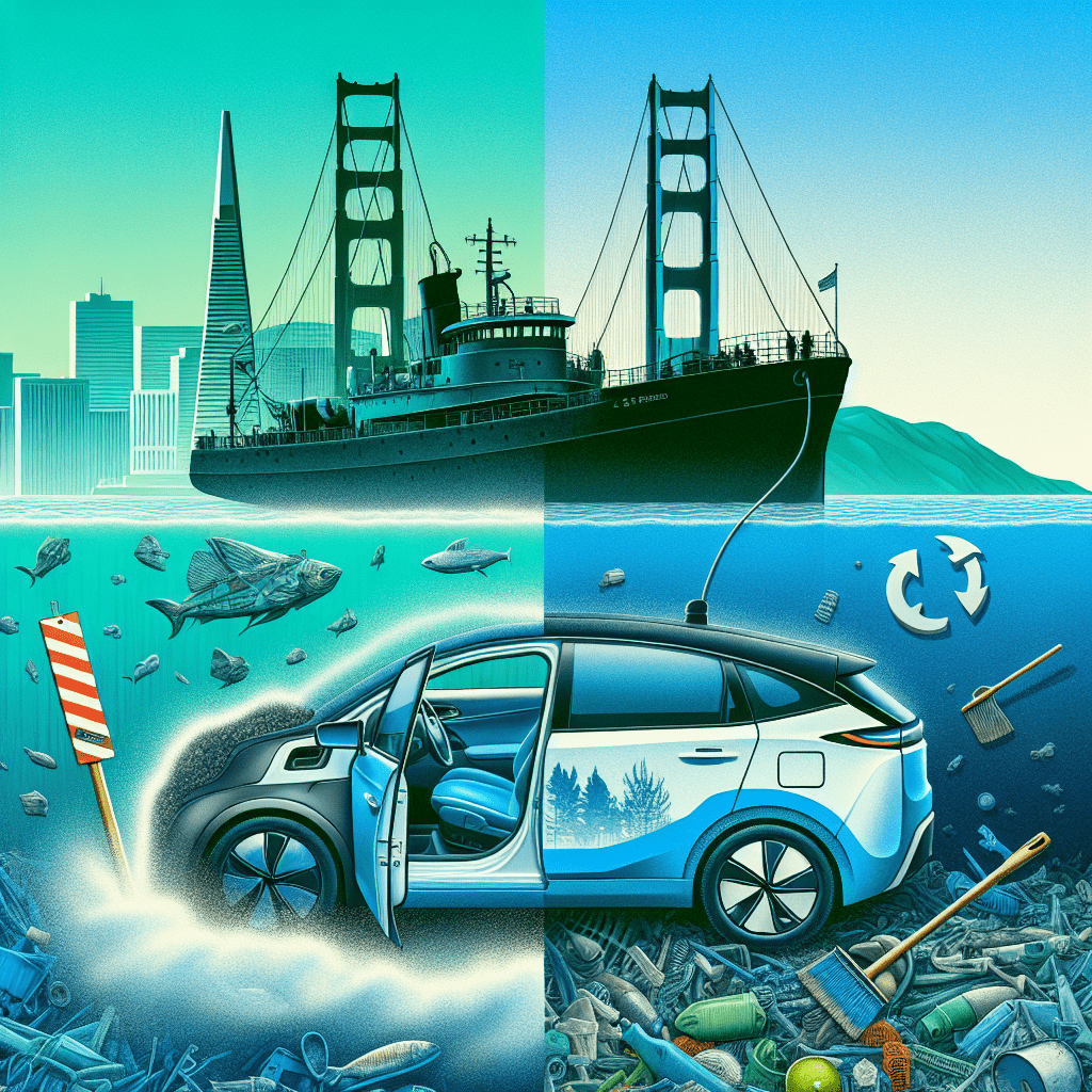This image perfectly captures the essence of Kia's groundbreaking partnership with The Ocean Cleanup. It's a visual story of innovation meeting environmental stewardship. On the left, we see a sleek Kia electric vehicle, its door invitingly open. Inside, there's a clear focus on a dashboard component that catches the eye. This isn't just any car part - it's made from recycled ocean plastic, a tangible result of their cleanup efforts. It's a brilliant way to show how ocean waste can be transformed into something useful and high-tech. The right side of the image transports us to the high seas. Here, The Ocean Cleanup's System 03 vessel is in action, doing the heavy lifting in the fight against ocean pollution. You can almost hear the machinery humming as it scoops up plastic waste from the water's surface. It's a powerful reminder of the scale of the problem and the innovative solutions being deployed to tackle it. Tying these two scenes together is the iconic San Francisco skyline in the background. It's not just there for aesthetics - it represents the vessel's recent triumphant return to port, marking a milestone in the cleanup mission. The color palette is striking, dominated by vibrant blues and greens. These colors aren't just pretty - they're purposeful, emphasizing the environmental focus of this partnership. It's as if the ocean itself is cheering on these efforts. Subtly placed in the corners, you'll spot the logos of Kia and The Ocean Cleanup. They're not front and center, but their presence reminds us of the collaborative nature of this project. What really stands out is the sense of progress and hope this image conveys. It's not just showing the problem of ocean pollution - it's showcasing real, tangible solutions. From the high-tech cleanup vessel to the upcycled car components, every element speaks to a future where innovation and sustainability go hand in hand. This image isn't just a picture - it's a promise. A promise that with ingenuity, commitment, and collaboration, we can turn the tide on ocean pollution and drive towards a cleaner, greener future.