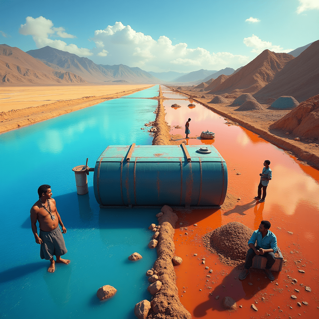 The generated image powerfully illustrates the complex realities of lithium and cobalt mining, essential components for the green energy revolution. This split-screen composition effectively contrasts the environmental and social impacts of these critical mineral extractions. On the left side, we see a vast lithium extraction site in Chile's Atacama Desert. Large, colorful evaporation pools stretch to the horizon, their vibrant hues ranging from turquoise to deep blue. These man-made lakes, used to concentrate lithium-rich brine, create a striking but unsettling beauty against the arid landscape. In the foreground, a small indigenous community looks on with concern, symbolizing the local populations affected by water scarcity due to intensive mining operations. The right side of the image portrays a cobalt mine in the Democratic Republic of Congo. Here, we see artisanal miners, including children, working in visibly hazardous conditions. The scene is gritty and chaotic, with piles of extracted cobalt ore scattered about. Workers wear minimal protective equipment, highlighting the human cost and safety concerns associated with cobalt mining. The inclusion of child laborers underscores the ethical challenges facing the industry. Connecting these two scenes in the center is a large electric vehicle battery, serving as a powerful visual metaphor. This central element reminds viewers that these mining activities, despite their negative impacts, fuel the production of green technologies aimed at reducing carbon emissions. The image's vivid colors emphasize the environmental impact of these operations. Subtle details like dust particles in the air around the cobalt mine and signs of water scarcity near the lithium pools add depth to the environmental narrative. The stark contrast between the orderly, geometric patterns of the lithium pools and the chaotic, labor-intensive cobalt mining operation effectively communicates the different challenges each industry faces. This compelling visual representation brings to life the complex issues surrounding lithium and cobalt mining. It encapsulates the tension between the promise of green energy and the environmental and social costs of obtaining the necessary raw materials. The image serves as a powerful reminder of the need for sustainable and ethical practices in the mining industry as we transition to a low-carbon future.
